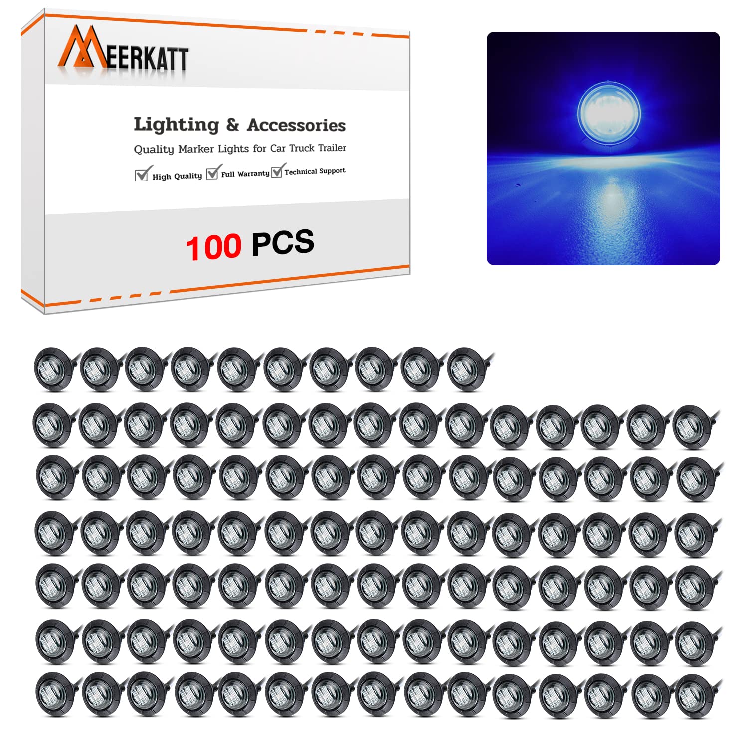 MADCATZ Meerkatt 3/4 Inch Mini Round LED Side Marker Lights - 12V DC Clearance Lights with Smoked Lens & Blue Light (100 Pcs) - Perfect for Trucks, Cars, Trailers & Boats