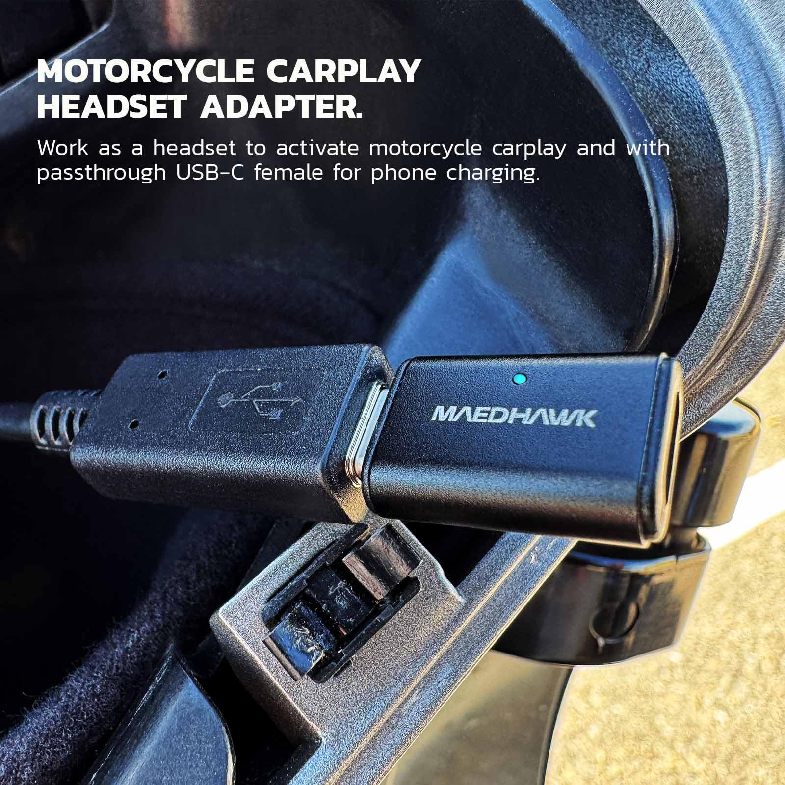 MaedHawk Bypass Motorcycle Bluetooth Headset Adapter with CarPlay Support & USB-C Passthrough Charging - Perfect for Hands-Free Calls, Music Streaming & GPS Navigation on Harley, Honda & Yamaha Bikes