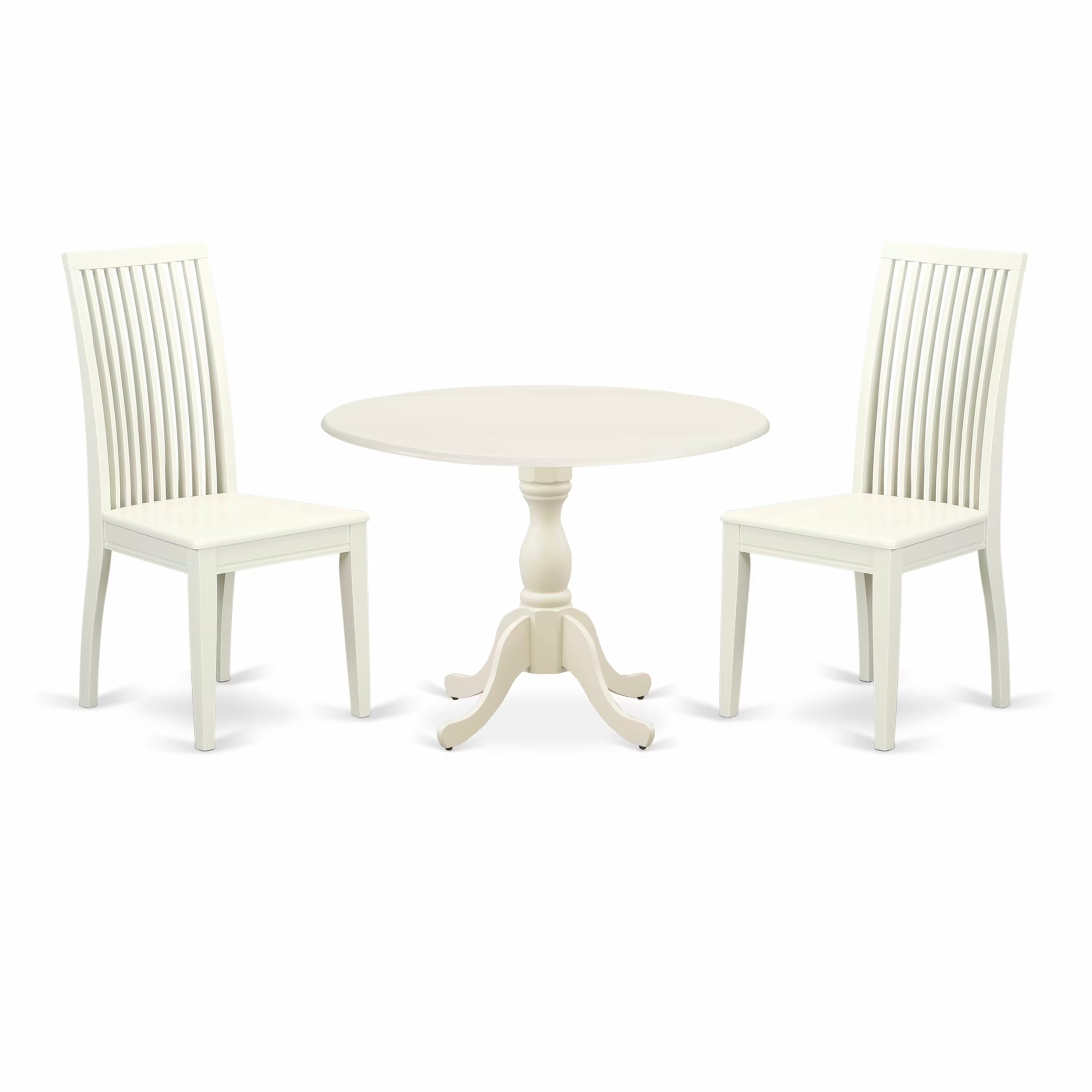 East West Furniture DMIP3-LWH-W 3-Piece Round Kitchen Table & Chairs Set with Drop Leaf - 42x42 Inch, Linen White - Perfect for Small Dining Rooms, Breakfast Nooks & Cozy Apartments