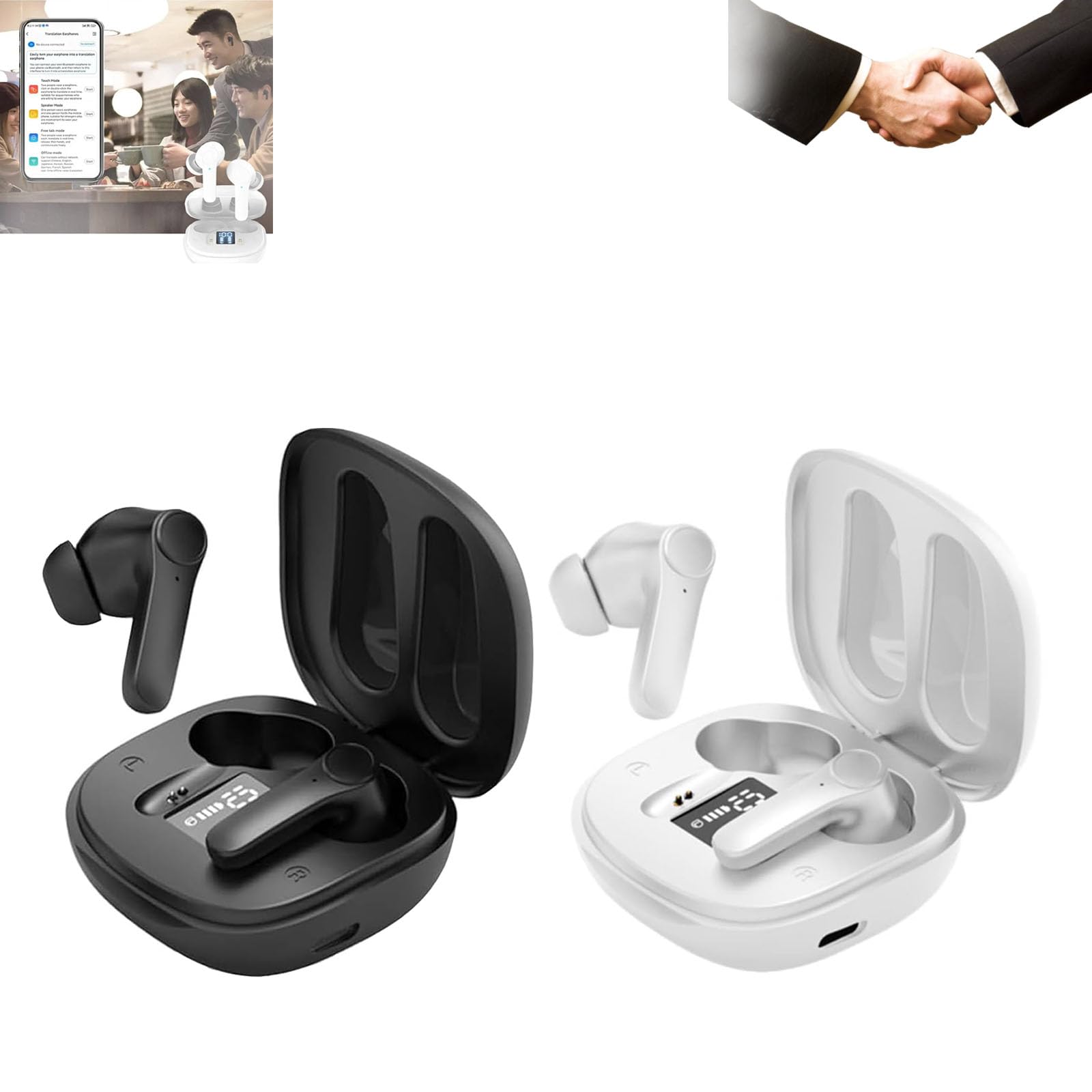 Echo Connect Real-Time Translation Earbuds - Wireless Bluetooth In-Ear Translator Device for Travel & Business (2-Piece Set, Black & White) | Perfect for International Meetings, Language Learning & Overseas Trips