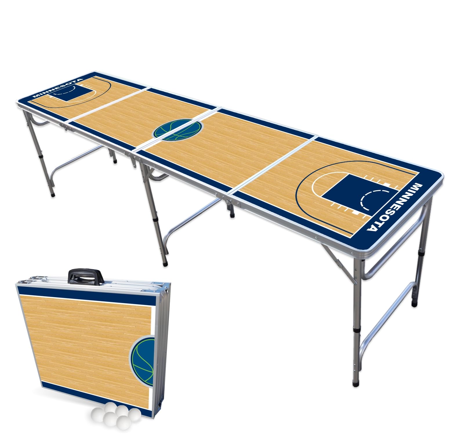 8-Foot Folding Portable Beer Pong Table with LED Lights & Optional Cup Holes - Minnesota Basketball Court Design - Perfect for Parties, Tailgates & Backyard Games (Choose Your Model)