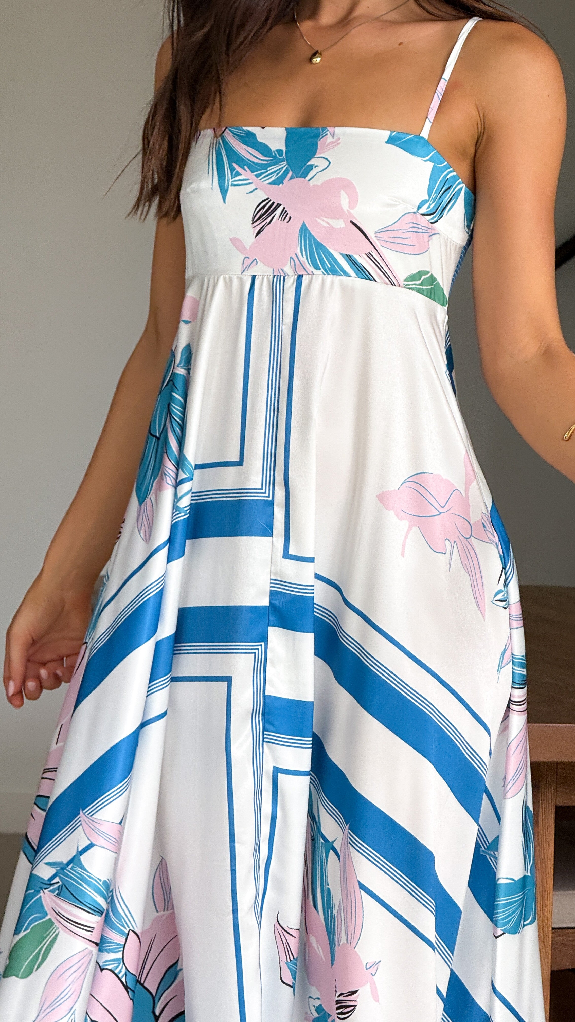 Kaethe Maxi Dress for Women - Flowy Summer Beach Dress in White & Blue | Perfect for Vacations, Weddings & Casual Outings