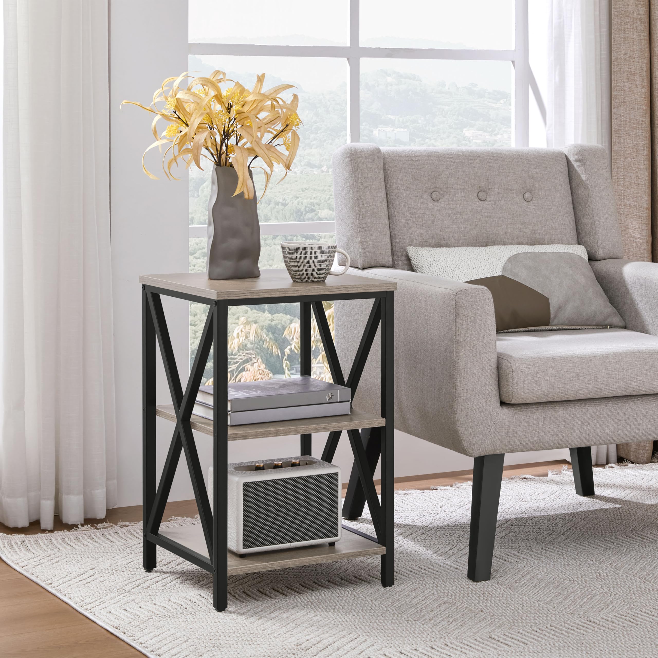 Yaheetech 2-Pack Industrial End Tables with 3-Tier Storage Shelves - Sturdy Metal Frame X-Design Side Tables for Living Room, Bedroom or Office - Easy Assembly, 16x16x24.5 Inches, Gray - Perfect for Holding Lamps, Books, Plants and Living Room Decor