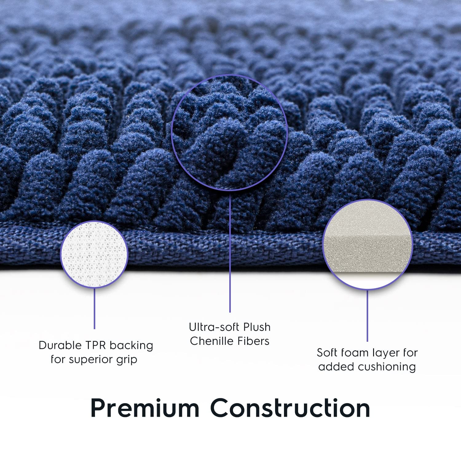 Premium Tafts Bathroom Rugs - Extra Thick Memory Foam Bath Mat with Ultra-Soft Chenille Microfiber, Super Absorbent & Machine Washable, Non-Slip Shaggy Bathroom Mats (27x47 Inches, Navy Blue) - Perfect for Bathroom, Spa, and Master Suite Decor