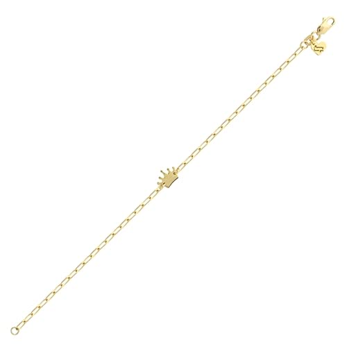 14K Yellow Gold Kids Paper Clip Chain Bracelet with Crown & Heart Charm - 6 Inch Adjustable for Birthdays, Gifts & Special Occasions