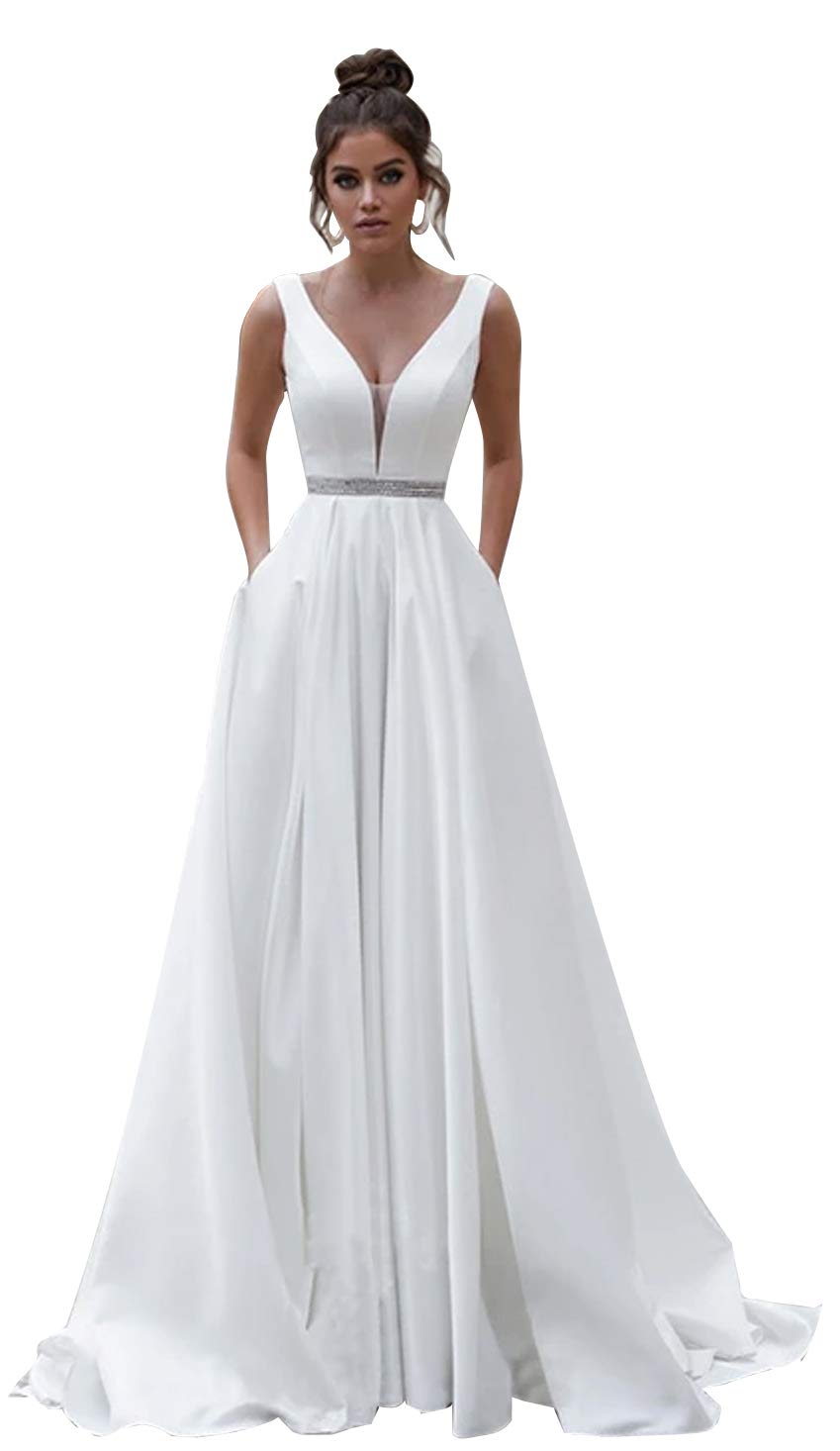 Elegant Long Sleeve Boat Neck Wedding Dress with Button Back - Crepe Satin Bridal Gown for Bride | Perfect for Church Weddings, Formal Ceremonies & Romantic Photoshoots