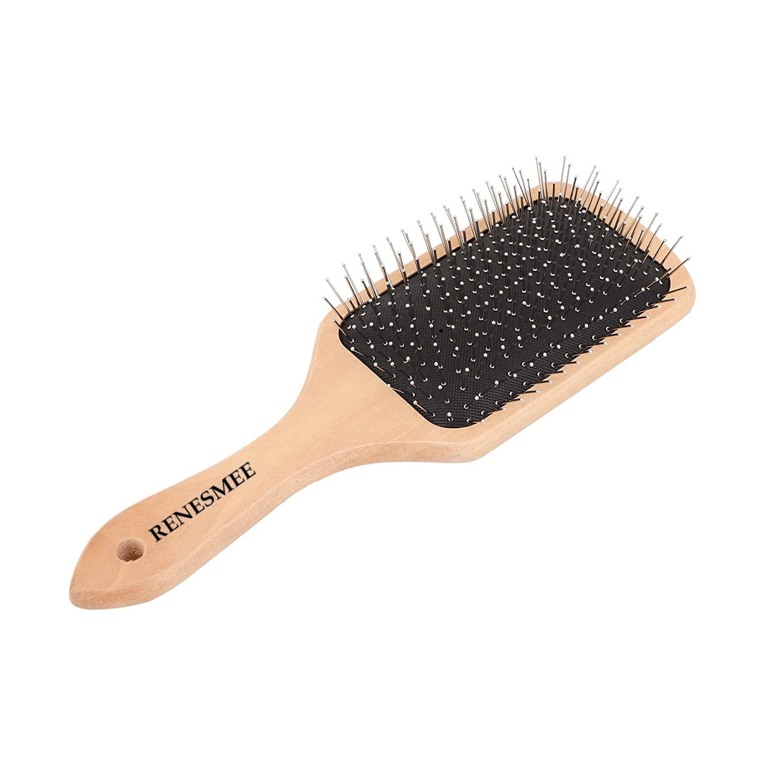 RENESMEE Metal Pin Bristle Hair Brush - Detangling & Anti-Static Paddle Brush with Rounded Steel Bristles - Ergonomic Wooden Handle for Scalp Massage - Perfect for Normal, Curly, Thick Hair & Wigs - Salon & Home Hair Care Essential
