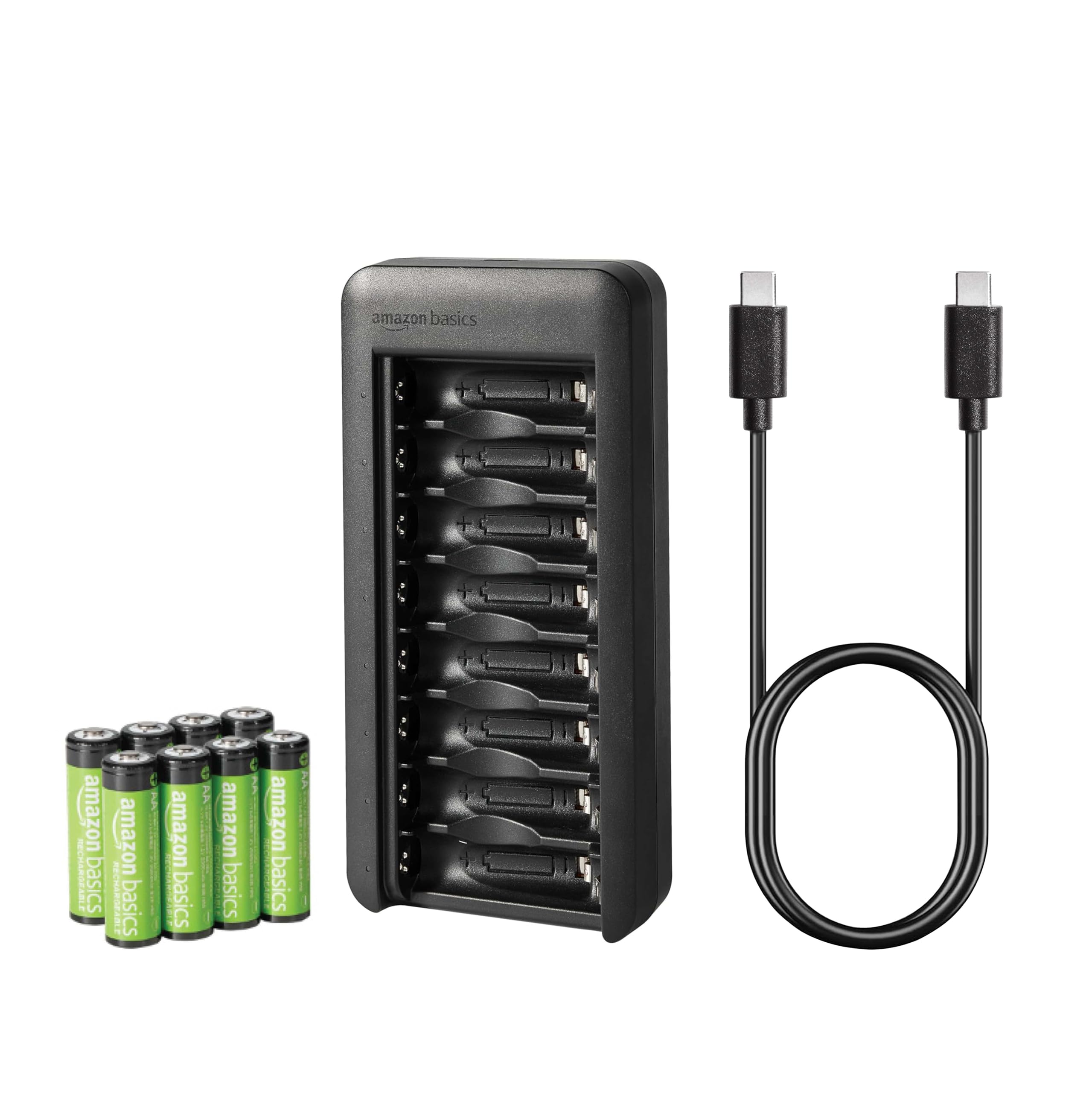 Amazon Basics Rechargeable AA NiMH Batteries (8-Pack) with 8-Bay USB-C Battery Charger - Perfect for Cameras, Game Controllers & Smart Home Devices