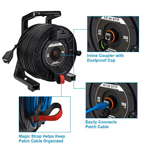 CAT.6A S/FTP IP67 Waterproof Ethernet Extension Reel F/F 150 FT - High Speed Network Cable for Outdoor/Industrial Use, Weatherproof LAN Connection for Harsh Environments