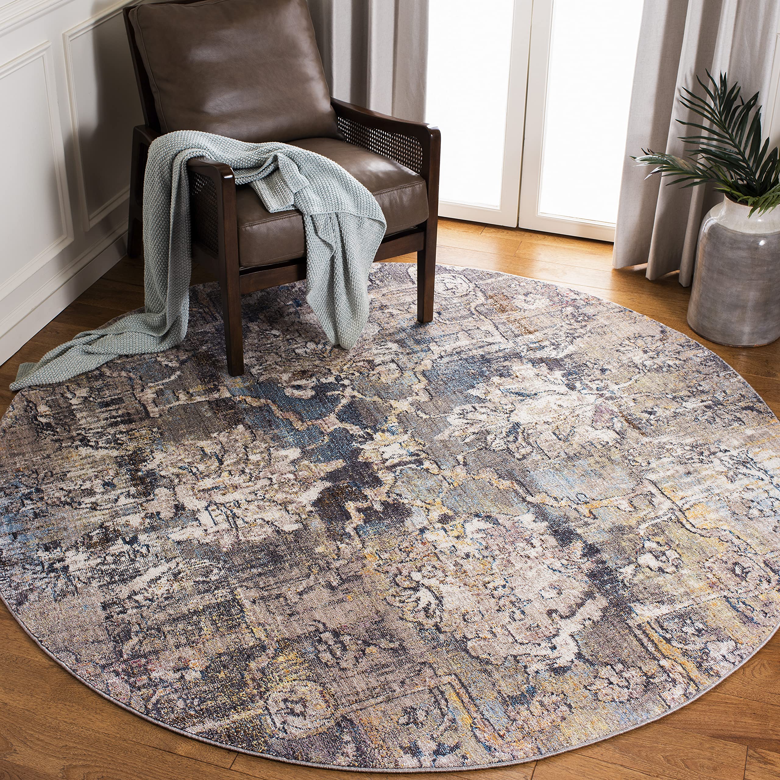 SAFAVIEH Bristol Collection 7' Round Blue Grey Distressed Bohemian Area Rug - Soft Vintage Style for Living Room, Bedroom & Boho Home Decor
