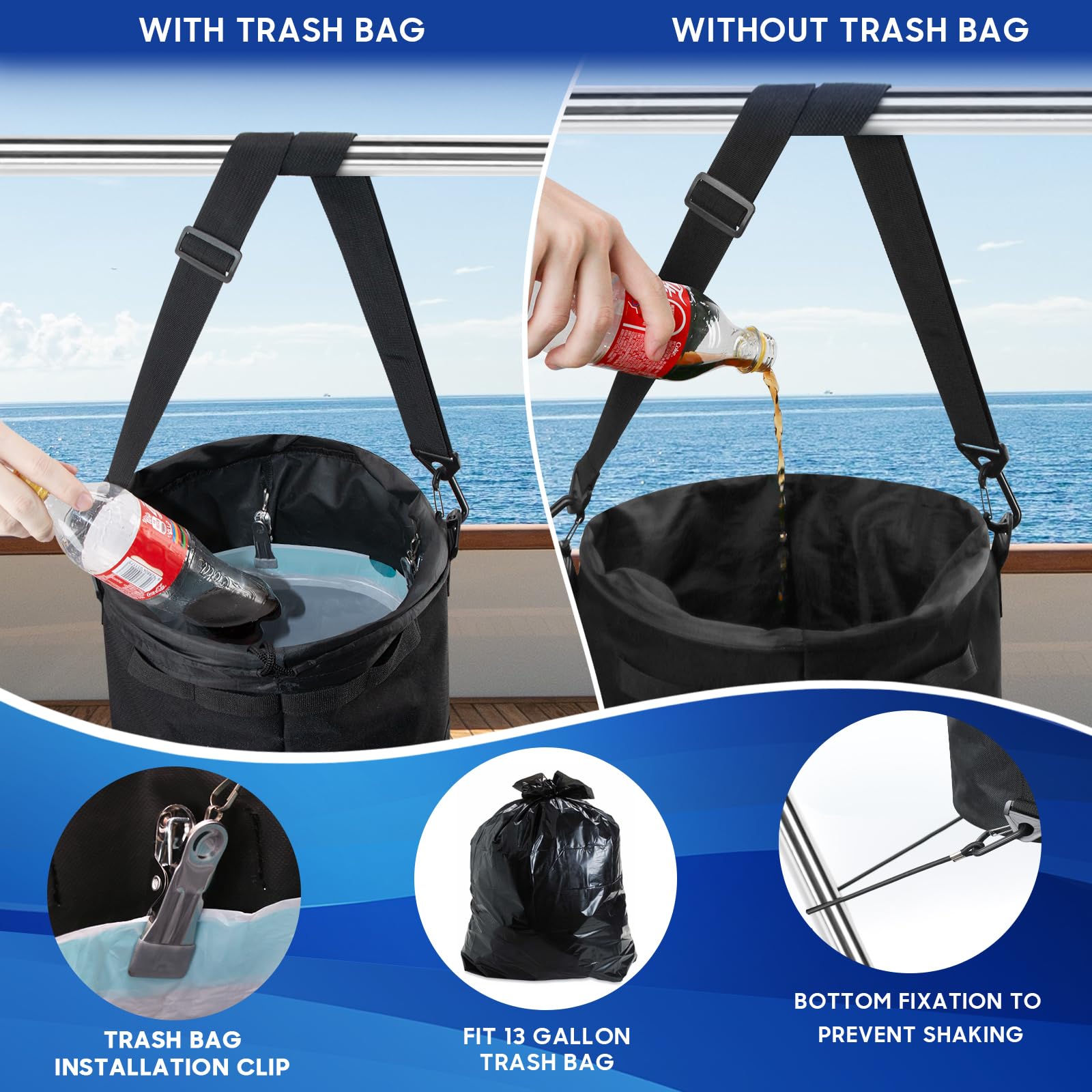 Boat Trash Can with 6 Clips - 100% Odor & Leak Proof, Easy Clean Marine Garbage Bin for 10-13 Gallon Bags | Perfect for Fishing, Pontoon Boats, Sandbars & Camping | Durable Boat Accessories for Outdoor & Water Activities