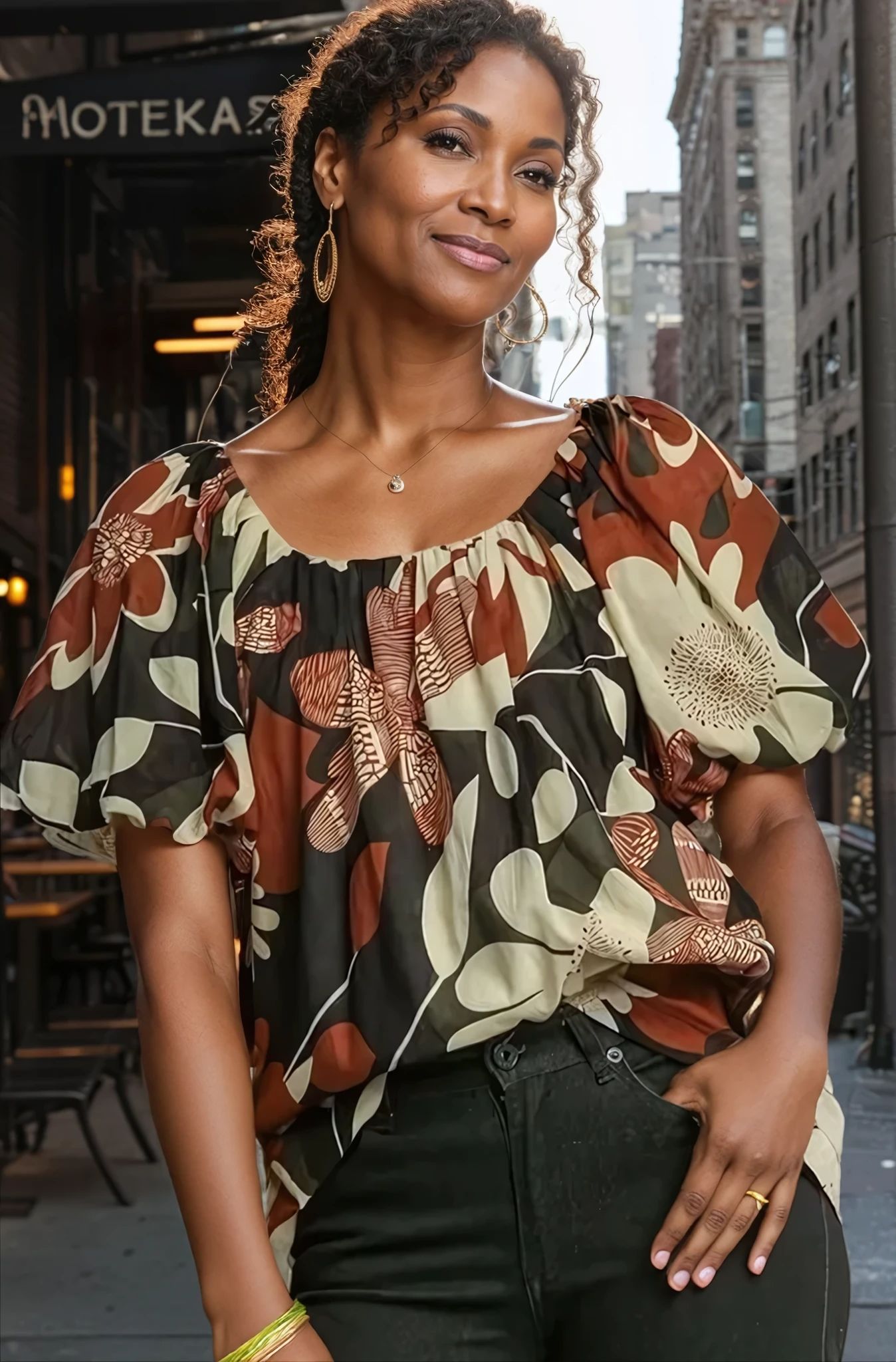 Floral Print Puff Sleeve Blouse - Women's Full Size Brown Resort Top for Vacation, Beach Outings & Summer Parties