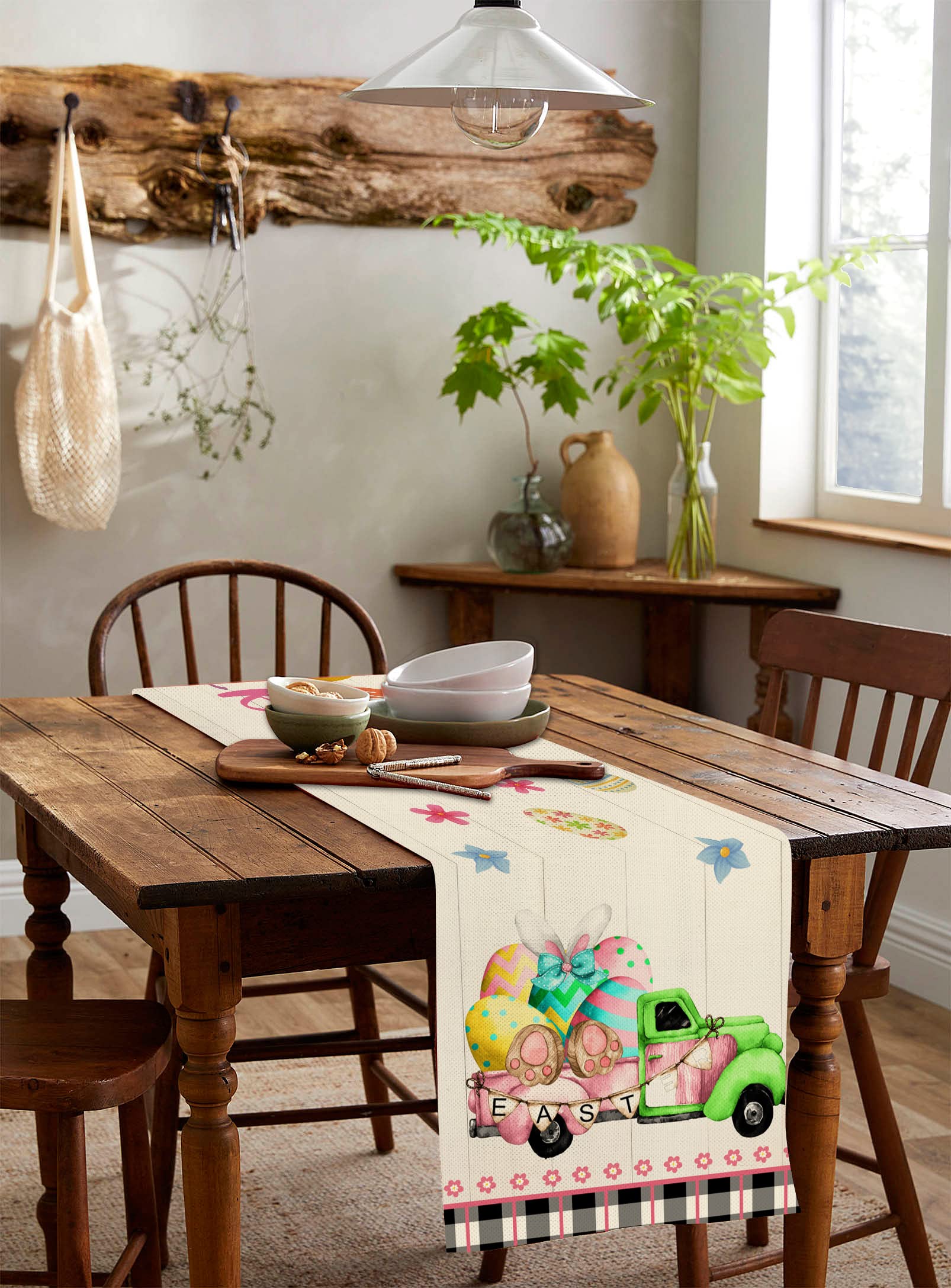 LARMOY 13x72 Inches Easter Table Runner - Truck with Bunny, Eggs & Flowers Spring Kitchen Dining Decor for Holiday Party, Coffee Table, Home Celebration | Perfect for Easter Brunch, Family Gatherings & Seasonal Home Decoration
