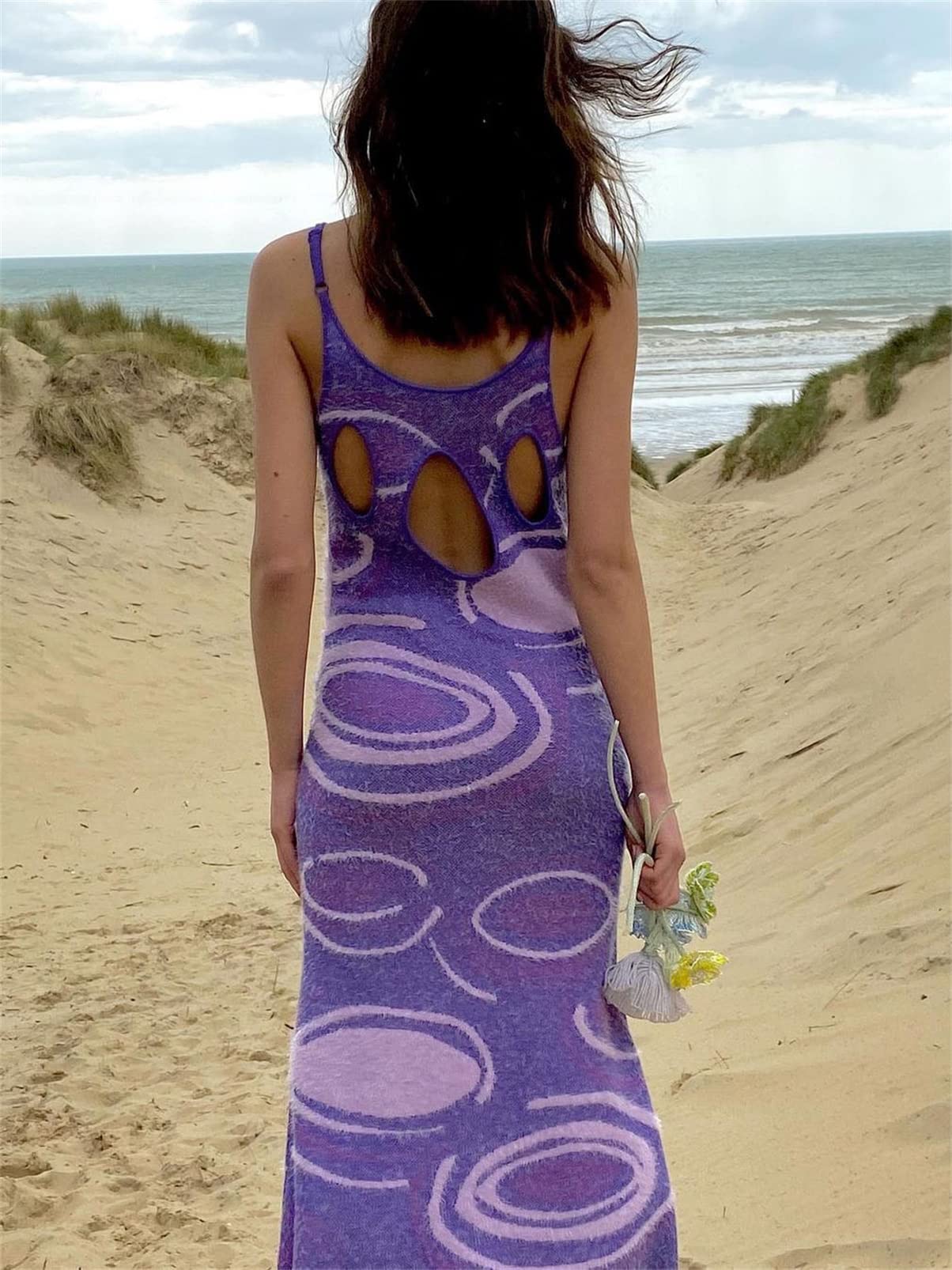 Y2K Print Knit Bodycon Dress for Women - Sexy Sleeveless Halter Neck Long Dress with Hollow Out Design | Perfect for Summer Parties, Club Nights & Streetwear Fashion