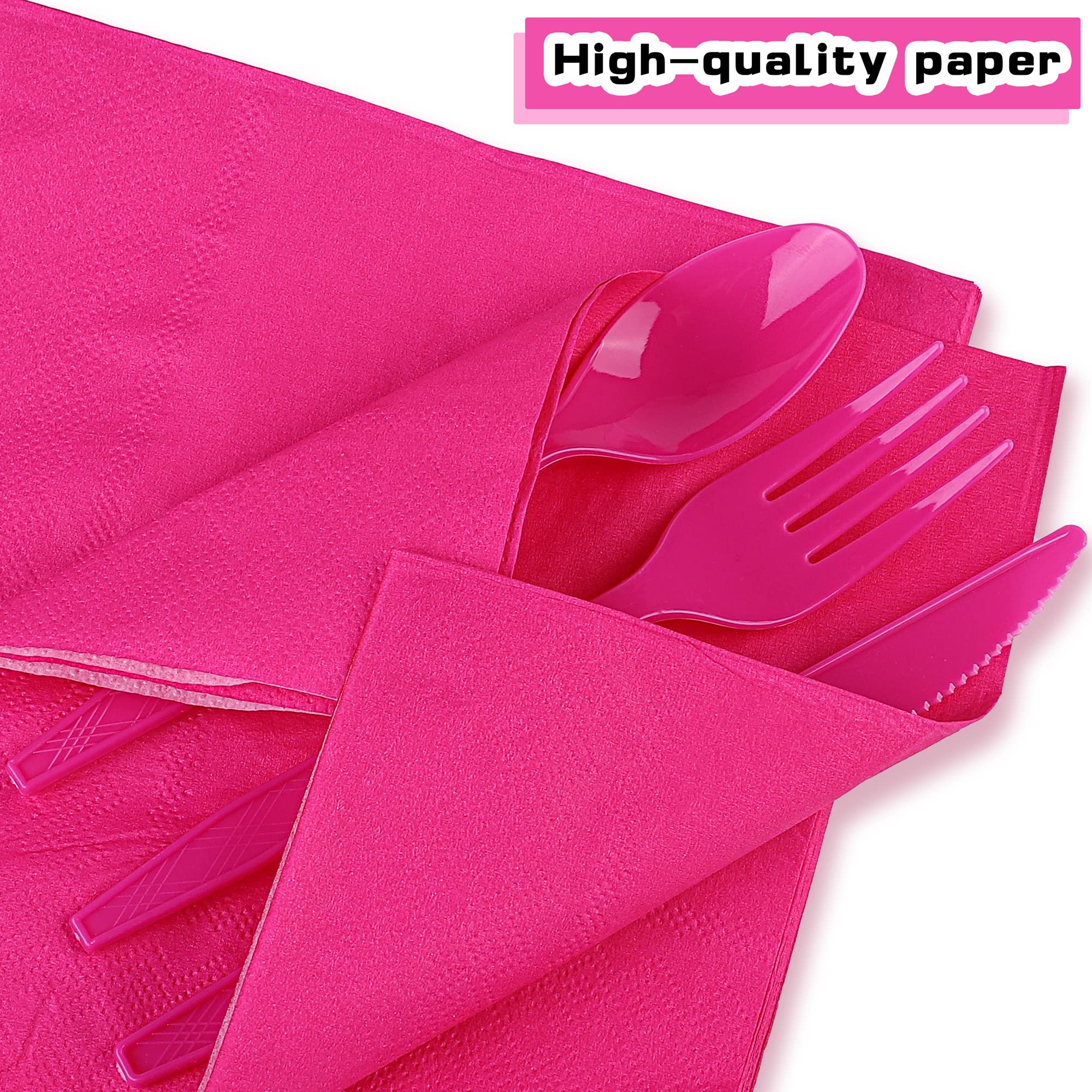 ADXCO 168-Piece Hot Pink Disposable Party Dinnerware Set - Plates, Cups, Utensils & Napkins for 24 Guests | Perfect for Birthday, Wedding, Graduation & Baby Showers | Elegant Tableware for Indoor & Outdoor Celebrations