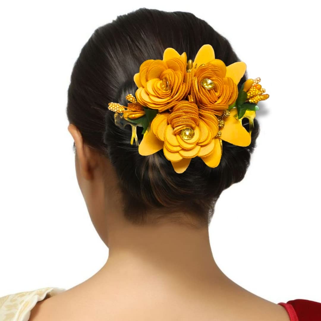 Elegant Artificial Flower Hair Clip with Metal Comb for Women & Girls - Yellow & White Hair Accessories for Weddings, Parties & Special Occasions