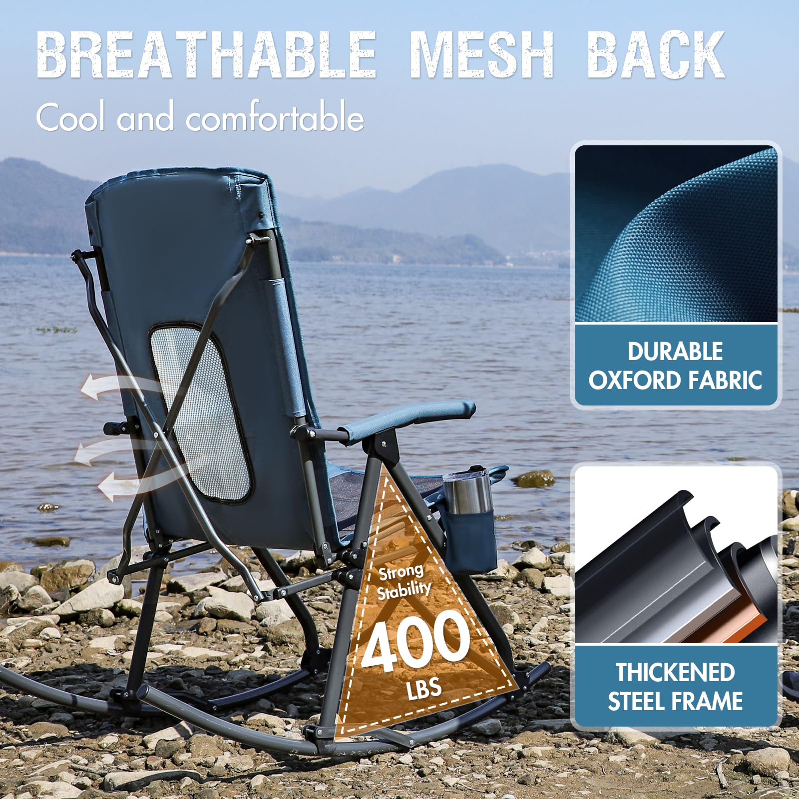 PORTAL Oversized Folding Rocking Camping Chair - Heavy Duty 400 lbs Capacity Portable Outdoor Rocker with High Back Support, Hard Armrests & Carry Bag - Perfect for Backyard, Beach, Picnics & Camping Trips