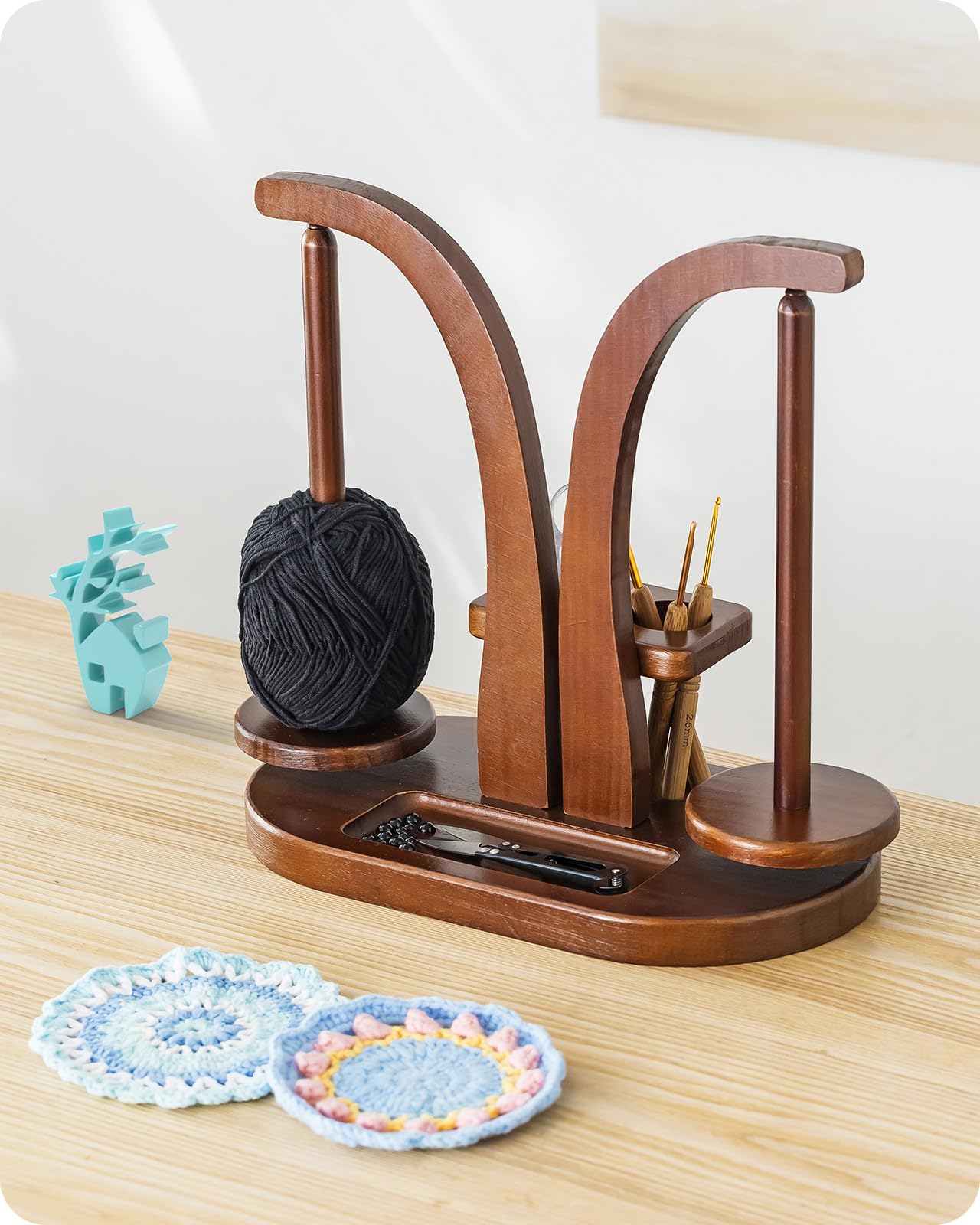 Baffect Magnetic Yarn Holder - Wooden Yarn Ball Holder with Double Spindles - Spinning Yarn Storage for Crochet & Knitting - Perfect for Crafting, DIY Projects & Home Organization