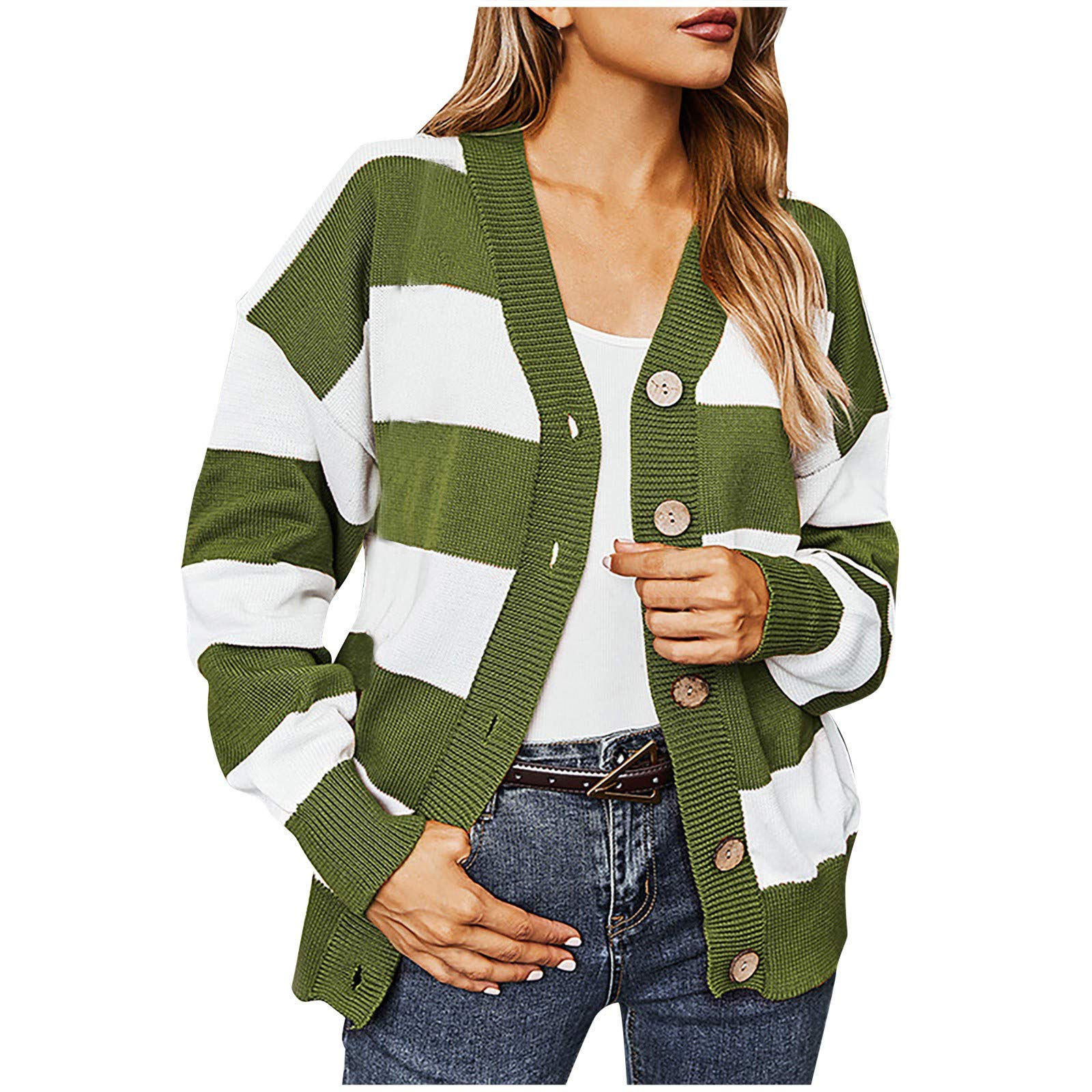 Women's Black & White Plaid Open Front Cardigan - Casual Loose Knit V-Neck Long Sleeve Button Down Sweater Top | Perfect for Fall Layering, Office Wear & Cozy Outfits