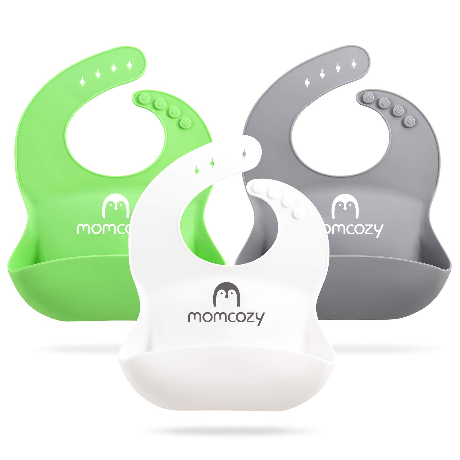 **Momcozy Soft Adjustable Waterproof Silicone Baby Bibs - Easy to Clean, BPA-Free (Green, White, Grey) for Feeding, Mealtime & Messy Play**