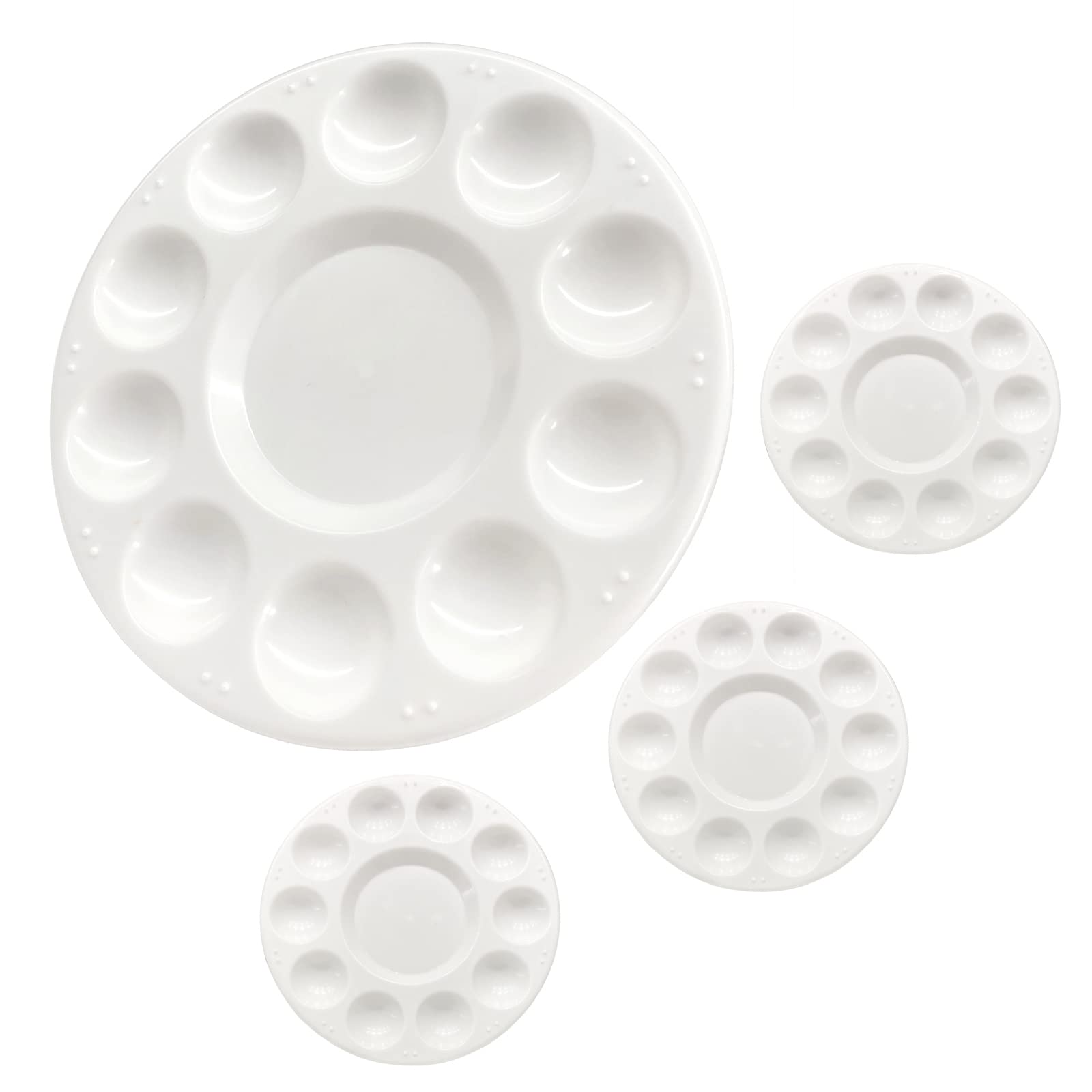 4 Pack Round Plastic Paint Palettes with 11 Wells - 6.7 Inch White Paint Tray for Oil & Watercolor Painting - Perfect for Artists, Students & DIY Projects