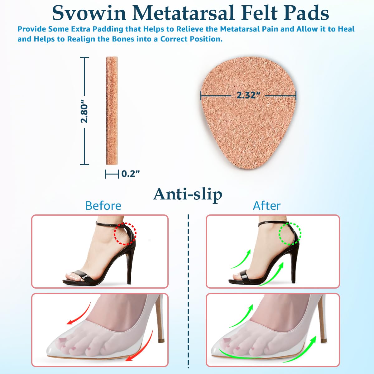 8-Pack Wool Felt Metatarsal Pads for Morton's Neuroma Relief - Self-Adhesive Gel Ball of Foot Cushions for High Heels & Dress Shoes - 0.2