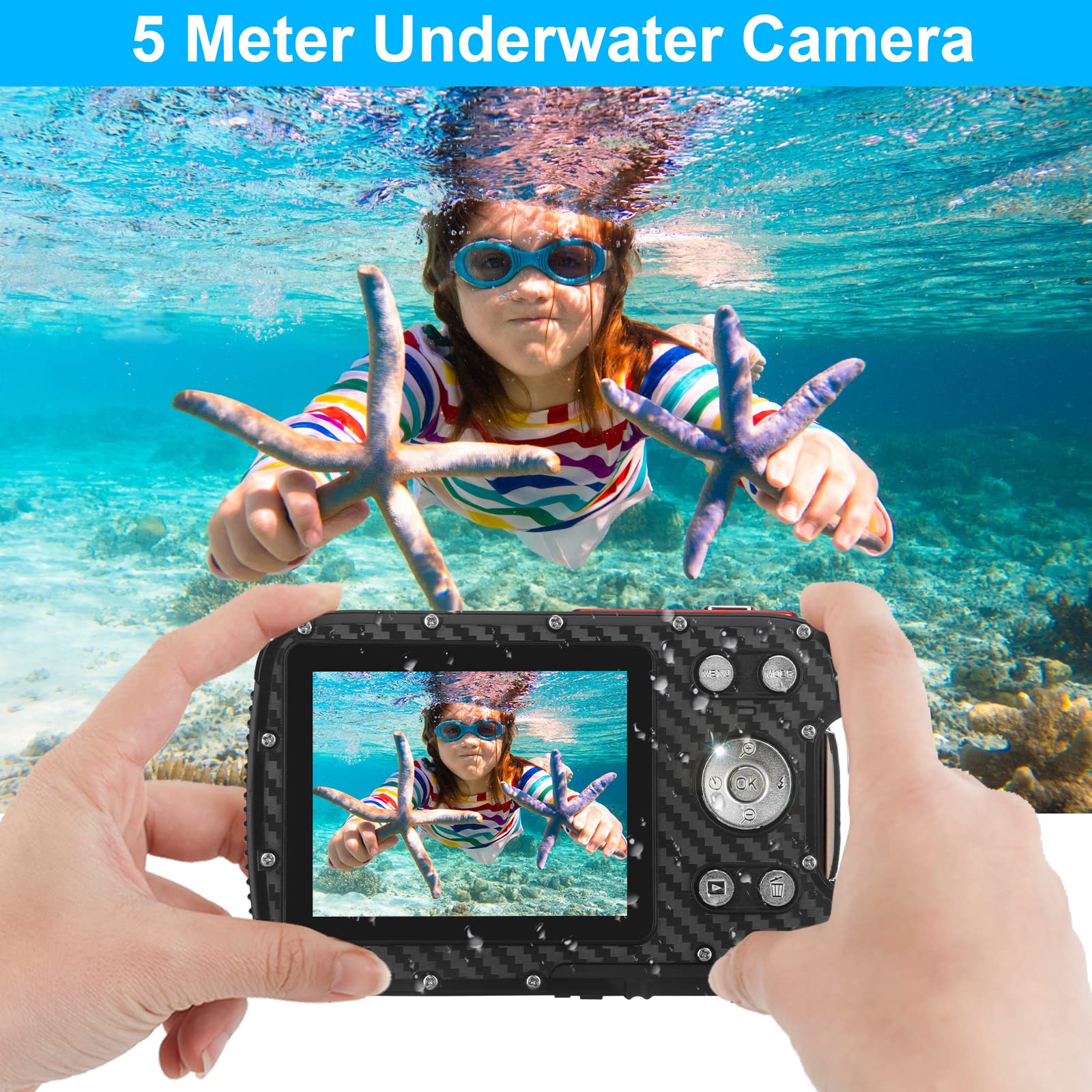 Waterproof Digital Camera 1080P HD 21MP - 17FT Underwater Camera with Rechargeable Battery & 32GB SD Card - Point and Shoot Camera for Kids Snorkeling, Swimming, Beach Vacations & Water Sports (Red)