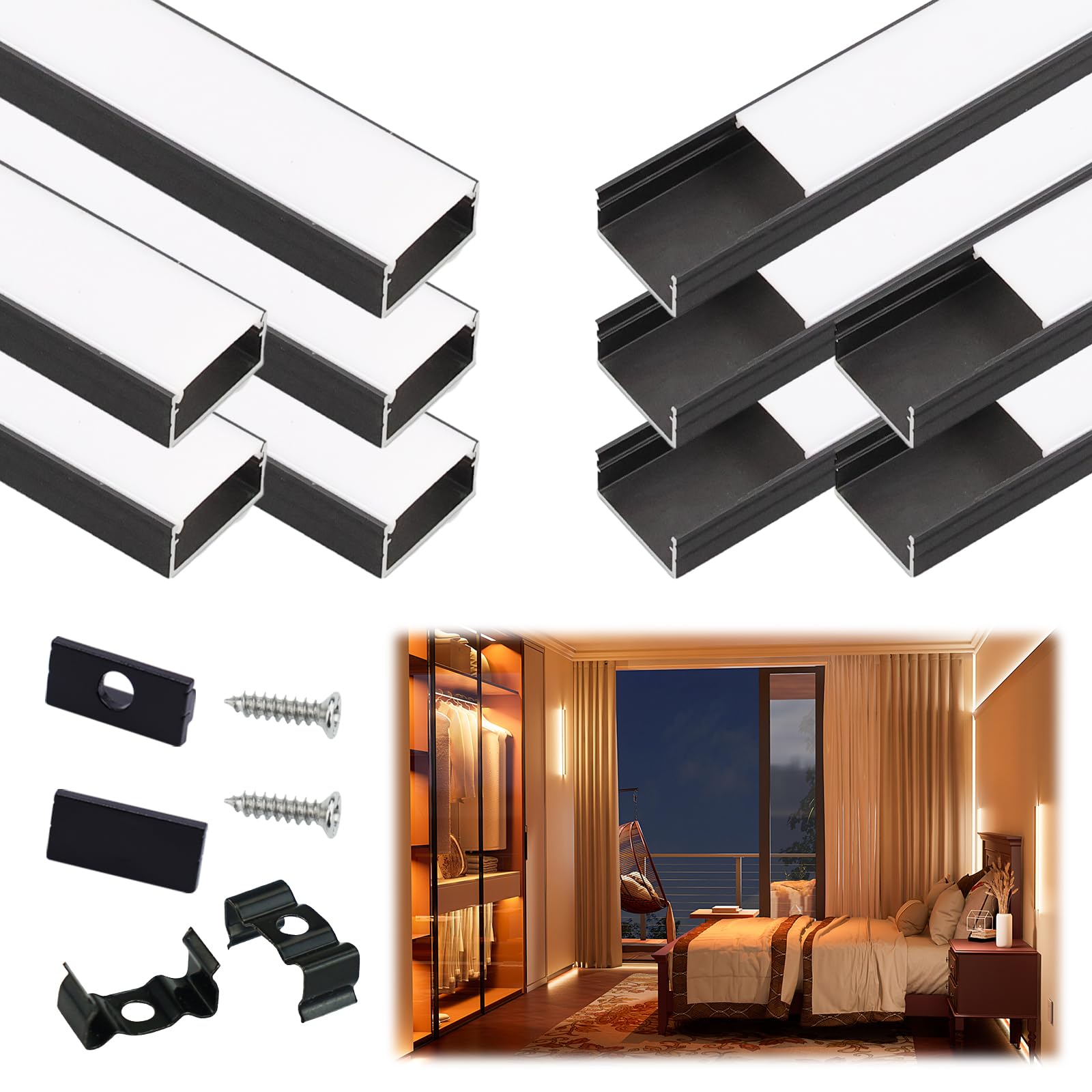 Muzata 10-Pack 6.6FT/2M Black Aluminum LED Channel with Milky White Cover - U102 BW 2M LED Strip Diffuser for Home, Kitchen, and Cabinet Lighting