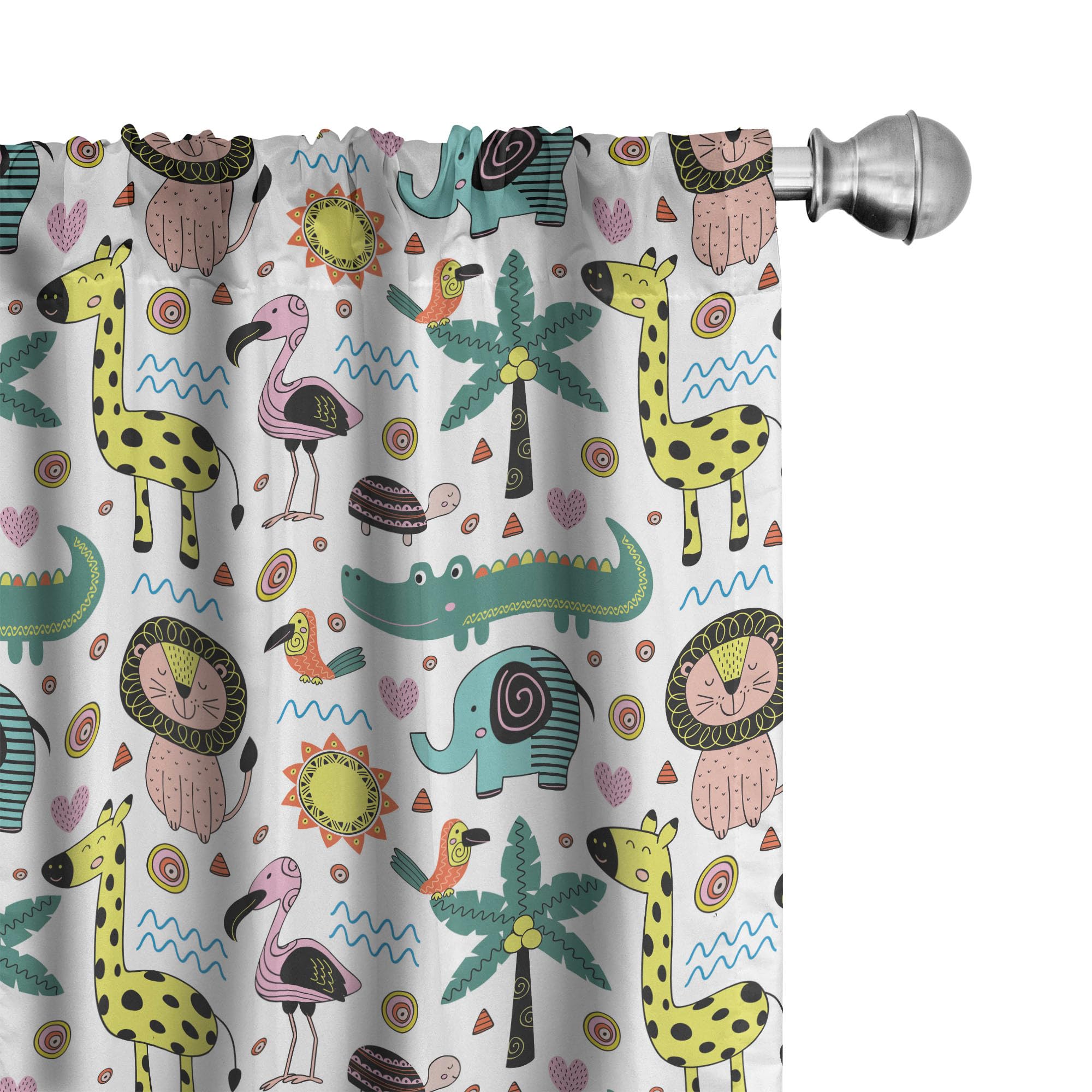 Jungle Animal Print Window Curtains - Tropical Giraffe Toucan Lion Design in Scandinavian Style, Lightweight 2-Panel Set with Rod Pocket (28x63 Inch, Green White) for Living Room, Bedroom & Nursery Decor