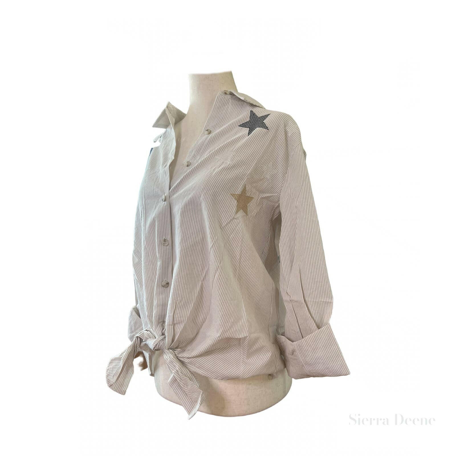 Star Embroidered Tie Front Striped Shirt for Women - Stylish Casual & Office Wear - Perfect for Work, Date Night & Everyday Outfits