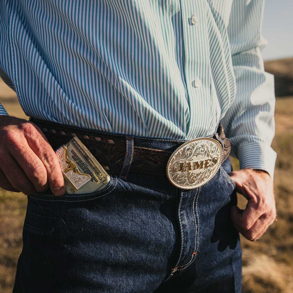 Two Tone Carved Longhorn Money Clip - Western Style Leather Wallet Accessory for Men | Perfect for Cash, Cards & ID Organizing | Great Gift for Cowboys, Ranchers & Western Enthusiasts
