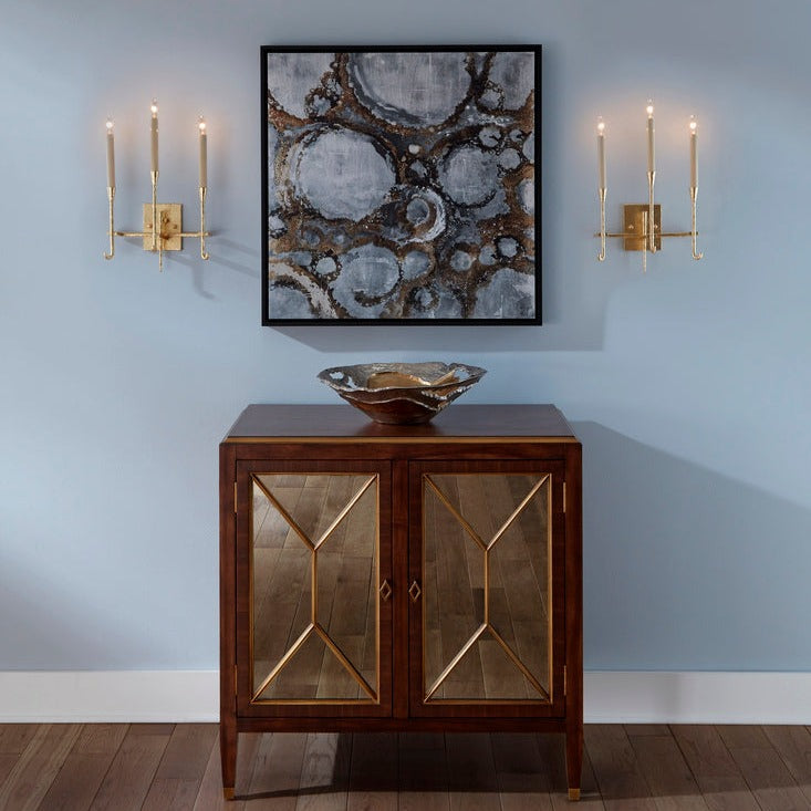 Amanda Walnut Wood Cabinet with Brass Handles and Mirror Accents - Elegant Storage Solution for Living Room, Bedroom or Entryway