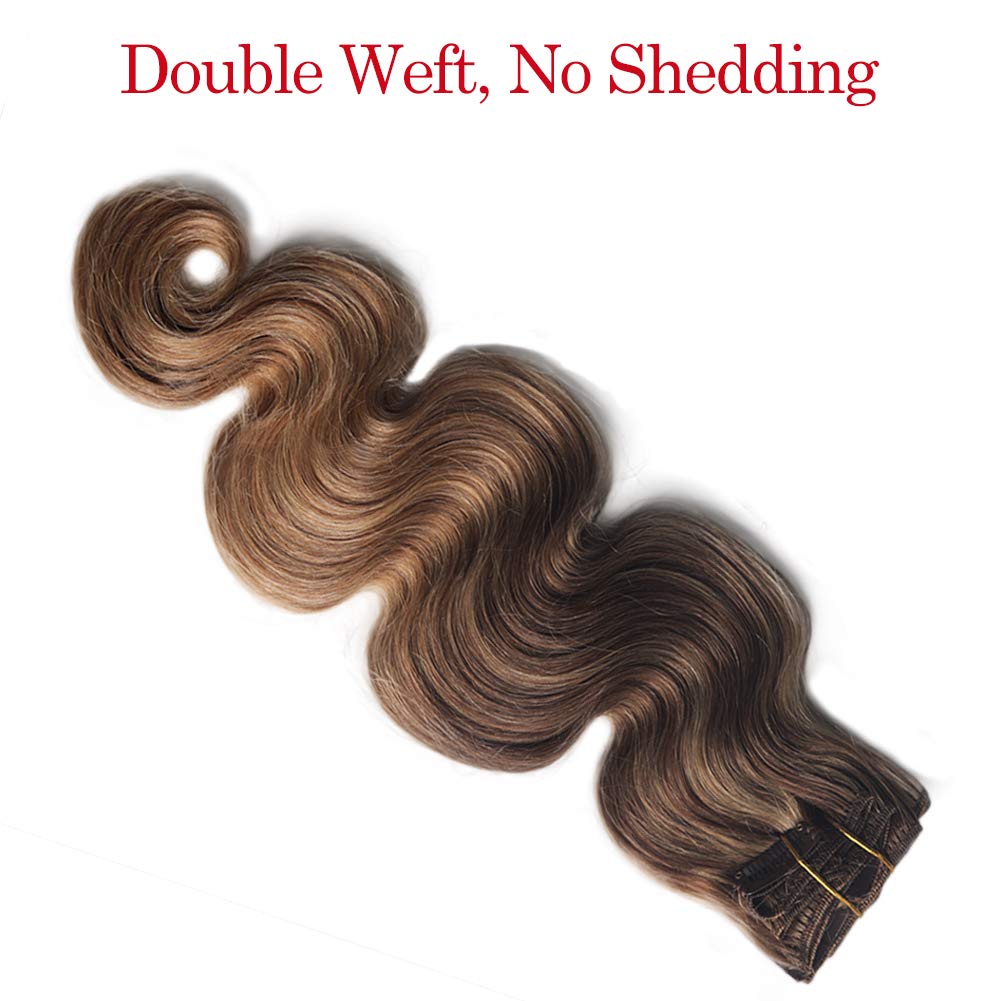 Ombre Clip in Hair Extensions 20 Inch - Medium Brown to Strawberry Blonde Balayage, 8pcs 160g Double Weft Remy Human Hair, Body Wave for Volume & Length - Perfect for Parties, Weddings & Daily Styling