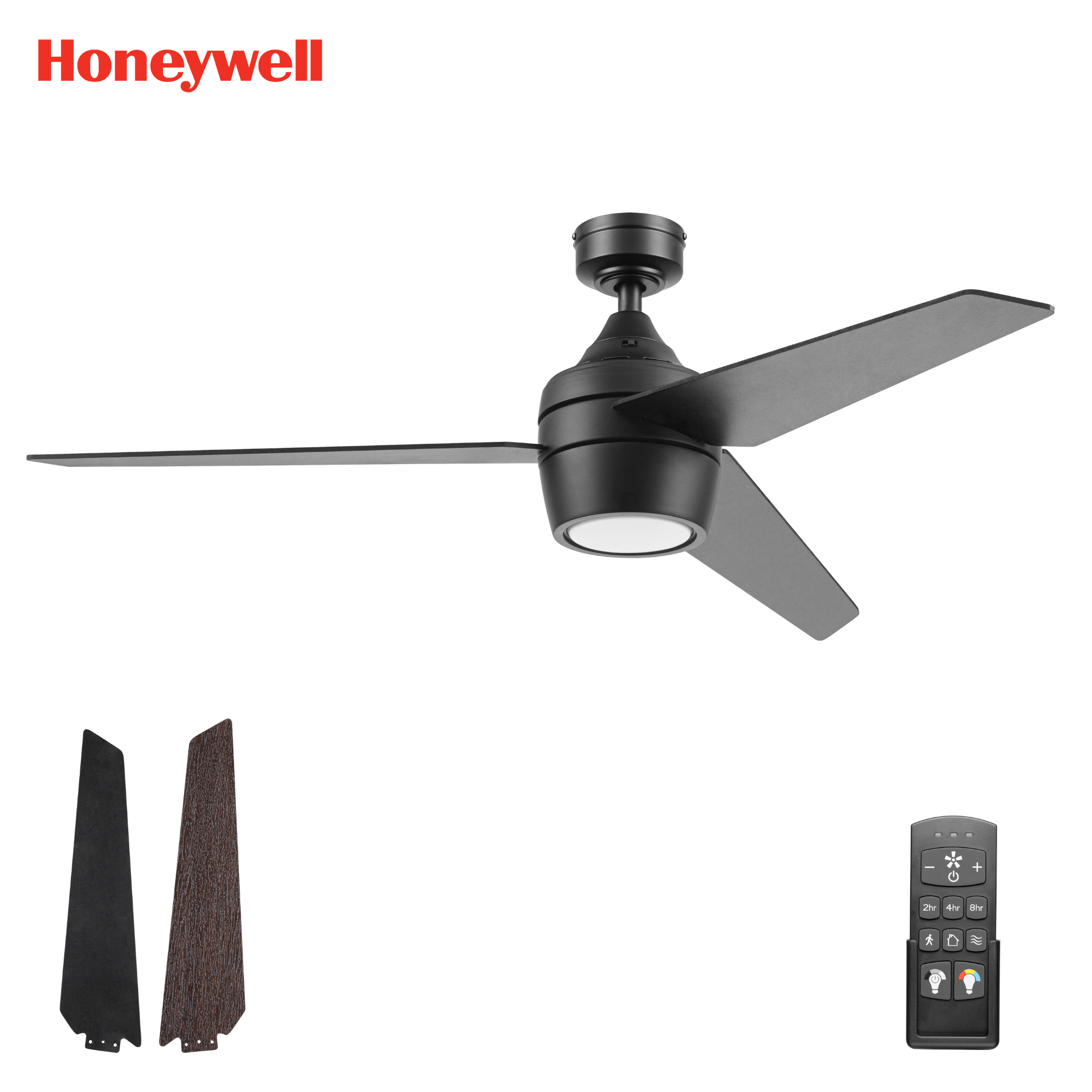 52 Inch Honeywell Eamon Matte Black Ceiling Fan with Light Kit and Remote Control - Quiet DC Motor, Energy Efficient, Perfect for Living Room, Bedroom, and Outdoor Covered Patio