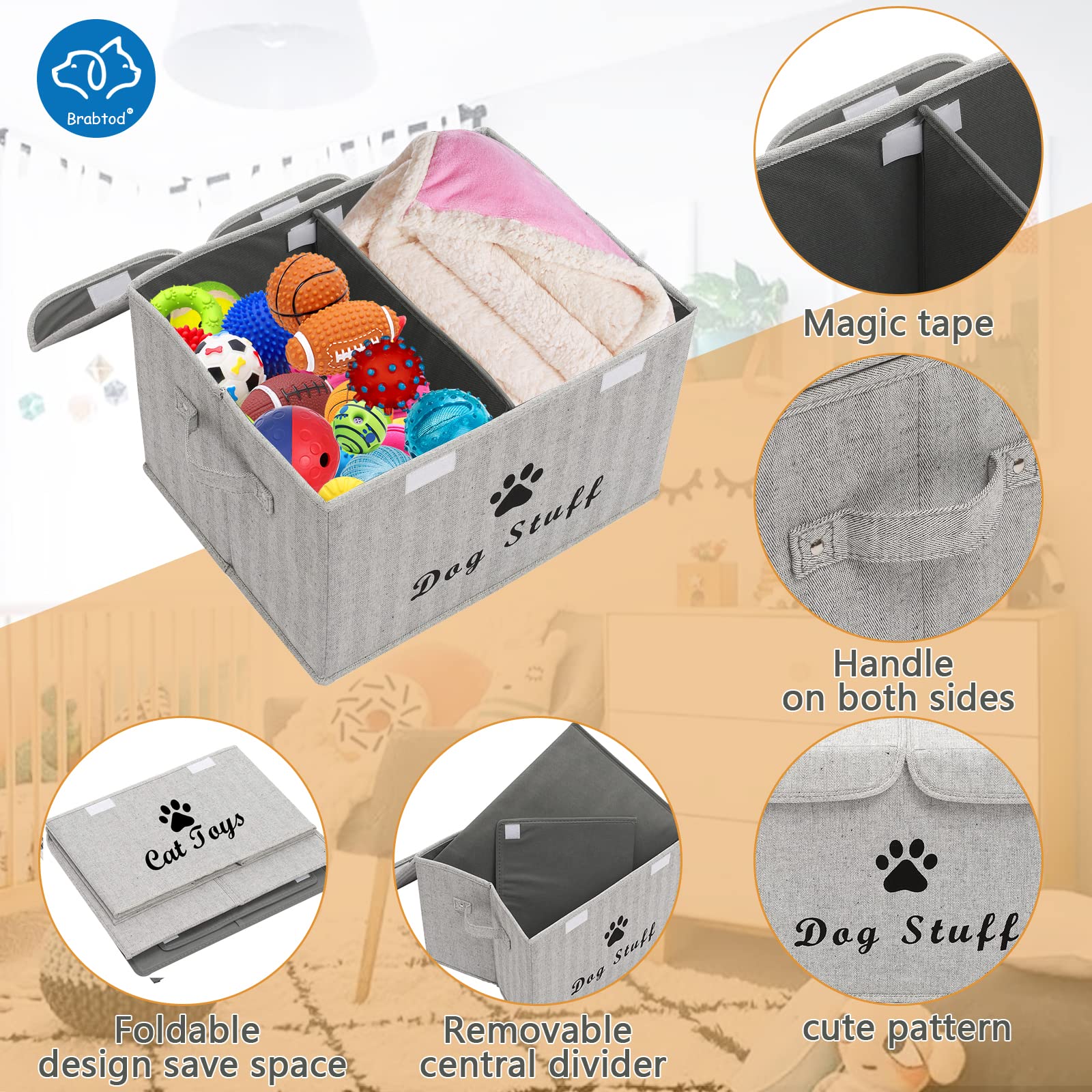 Large Dog Toy Storage Box with Lid - Collapsible Canvas Pet Organizer Basket for Dog & Cat Toys (17