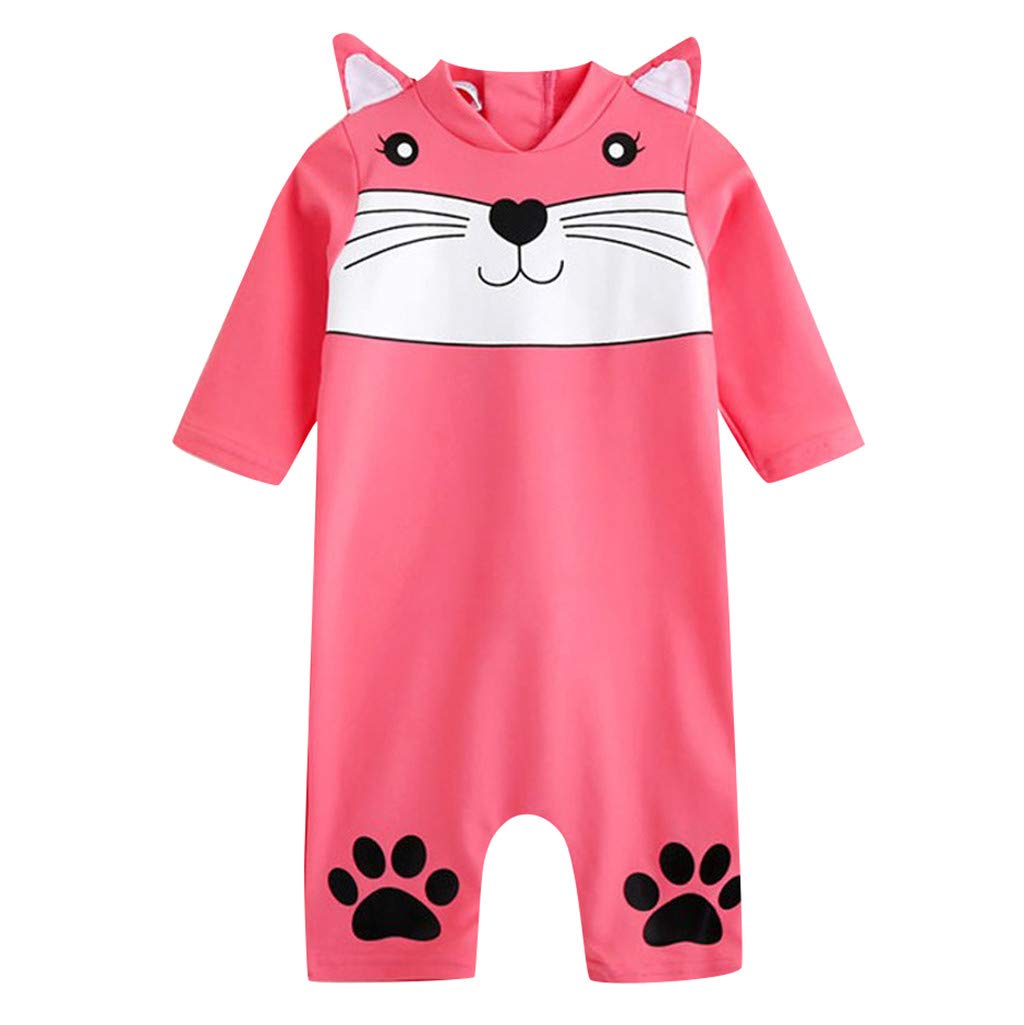 Toddler Girls Cute Cartoon Cat Print Long Sleeve One-Piece Swimsuit Rash Guard UV Protection Bathing Suit for Pool Beach Summer Fun