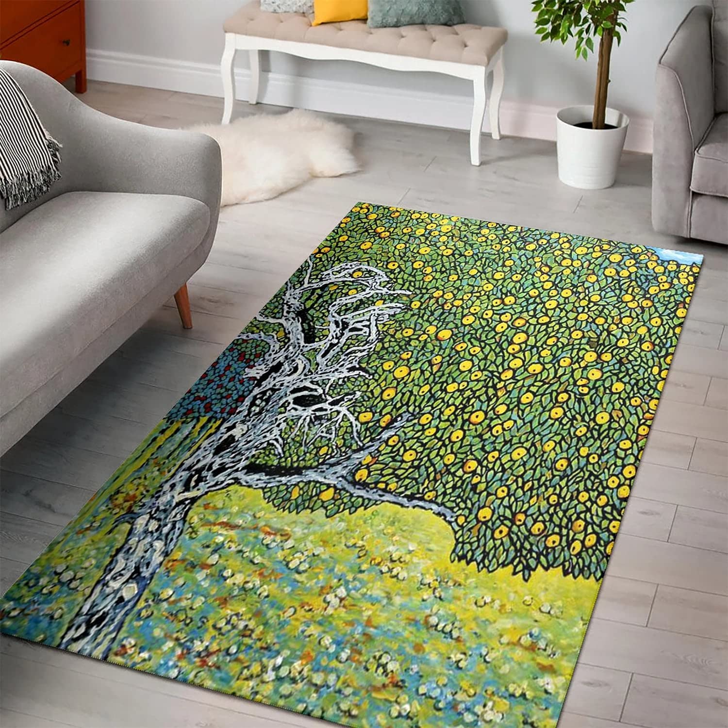 Golden Apple Tree Illustration Area Rug - Non-Slip Garden Painting Rug for Living Room, Dining Room, Bedroom - XS Size (5'x3') - Perfect for Farmhouse Decor, Boho Chic Style & Cozy Home Ambiance