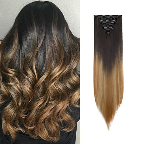 Benehair Clip in Hair Extensions 8PCS 26inch Long Straight Synthetic Hairpieces - Balayage Two Tone Ombre Highlighted (Brown to Ash Blonde & Dark Blonde) - Double Weft for Volume & Length - Perfect for Parties, Weddings & Daily Styling