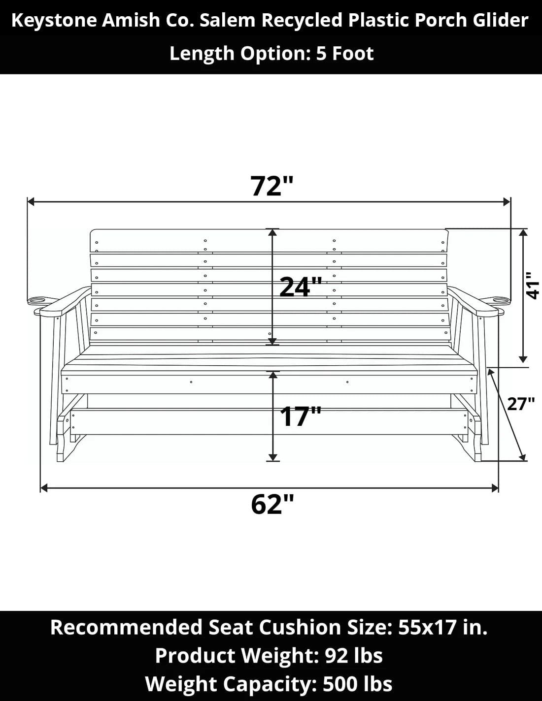 Keystone Amish Co. Salem Recycled Plastic Porch Glider - Eco-Friendly Outdoor Swing Bench for Patio, Garden & Backyard Relaxation