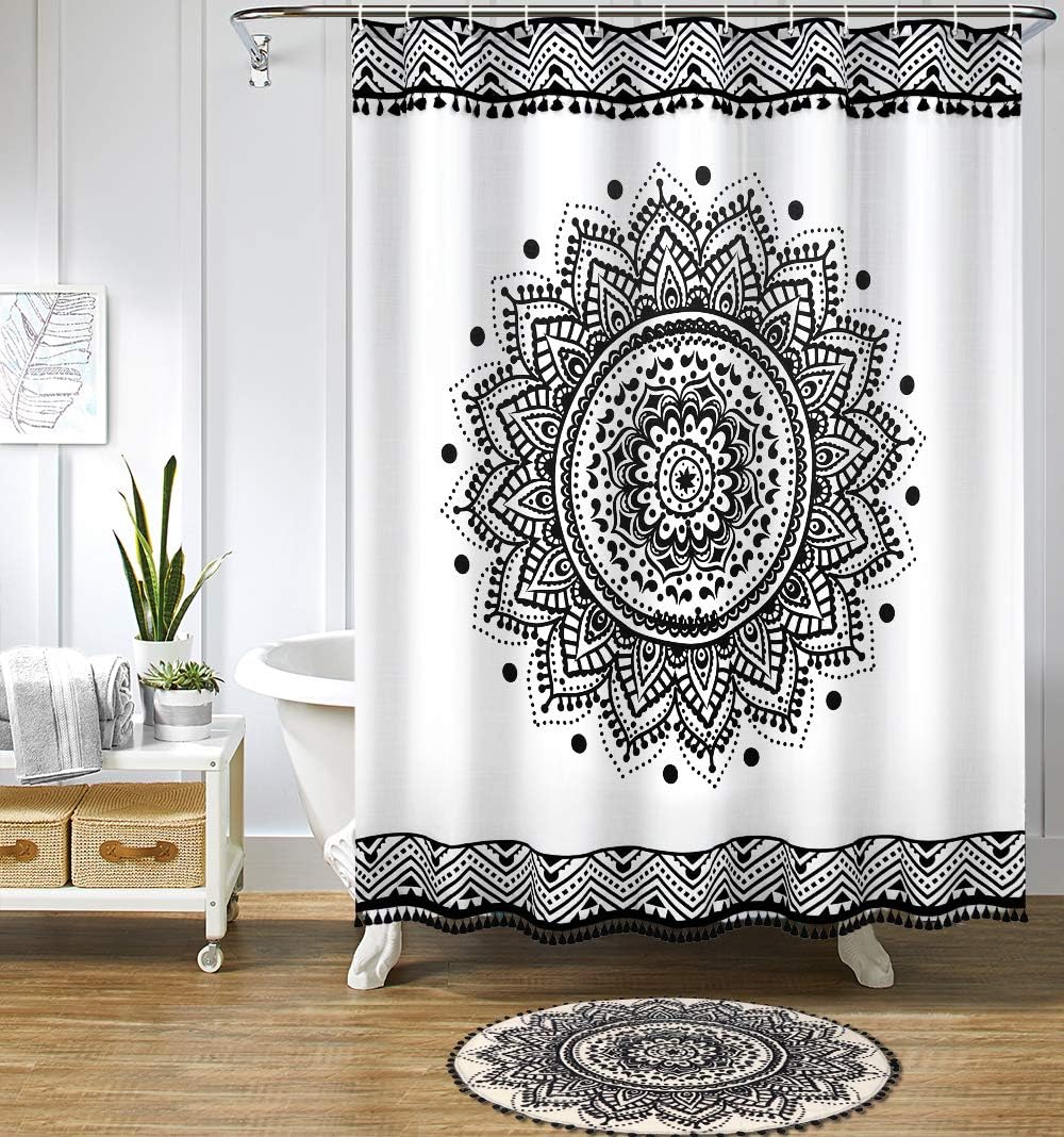 Uphome Boho Round Rug - 3' Circle Beige & Black Washable Non-Slip Floor Mat with Pom Pom Fringe | Perfect for Bedroom, Bathroom, Living Room, Nursery & Entryway | Soft Mandala Accent Rug for Home Decor & Kids Room