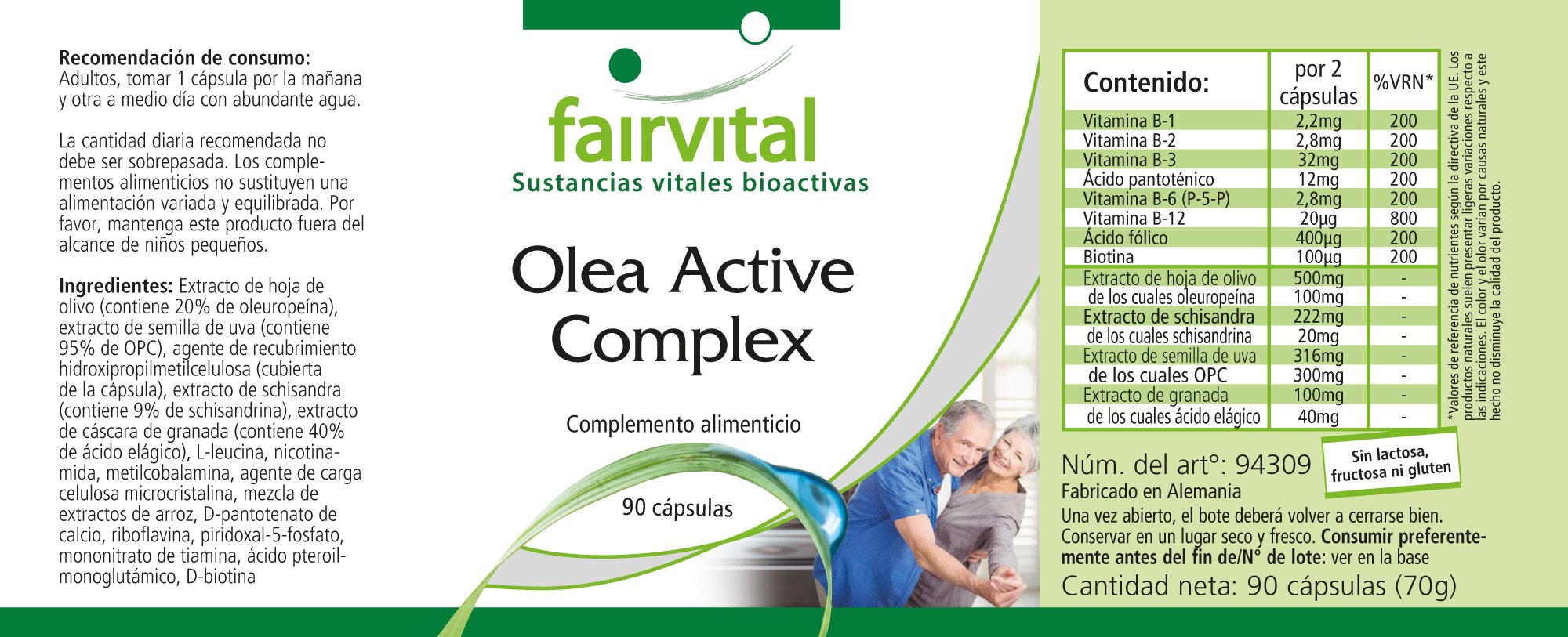 Fairvital Olea Active Complex - Vegan Supplement with B Vitamins, Folic Acid, Olive Leaf, Schisandra, Pomegranate & OPC - 90 Capsules for Energy, Immunity & Antioxidant Support - Perfect for Daily Wellness & Active Lifestyle