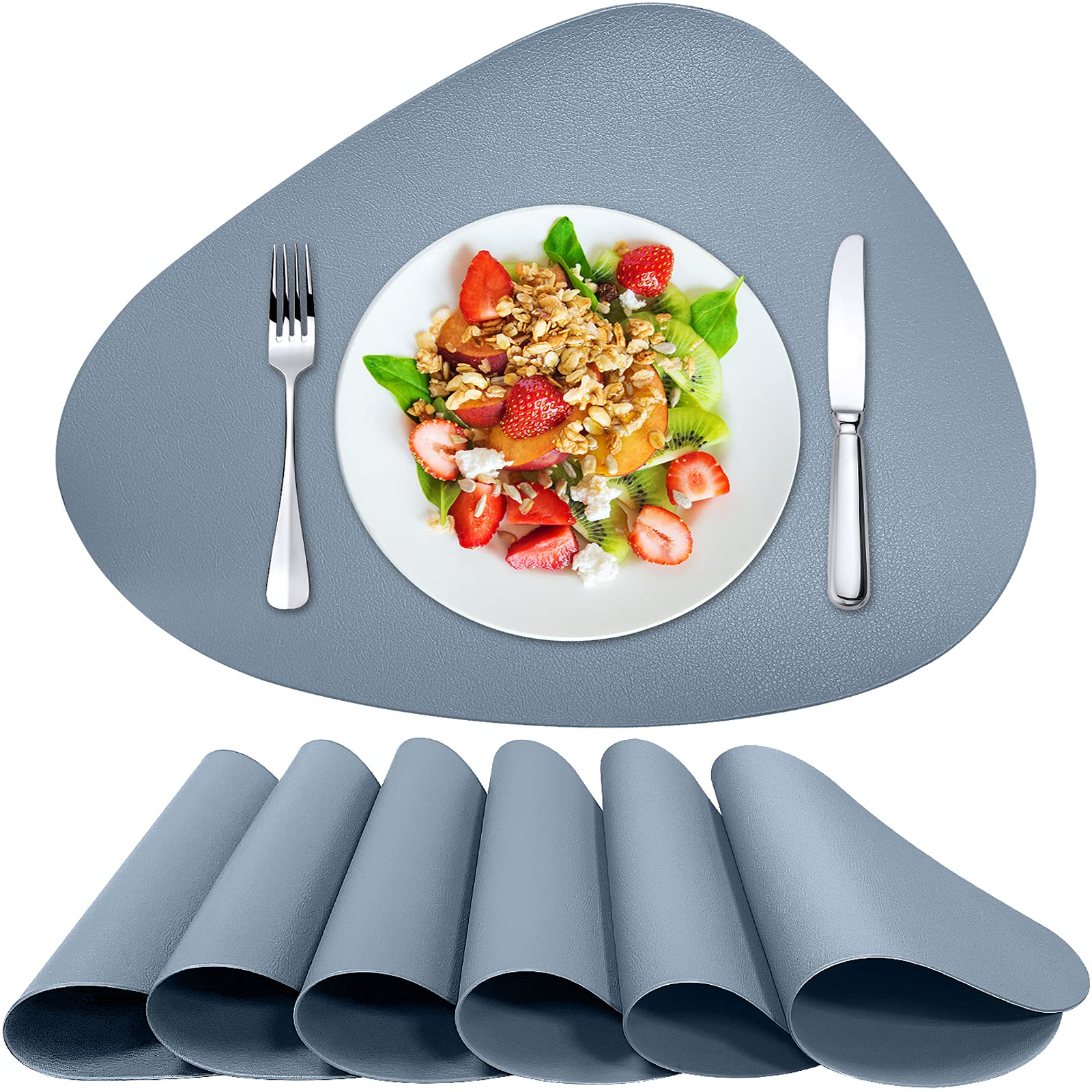 Premium Faux Leather Placemats Set of 6 - Heat Resistant, Wipeable & Washable Dining Table Mats for Kitchen, Round Table, Patio - Easy Clean Blue Placemats for Everyday Use & Dinner Parties