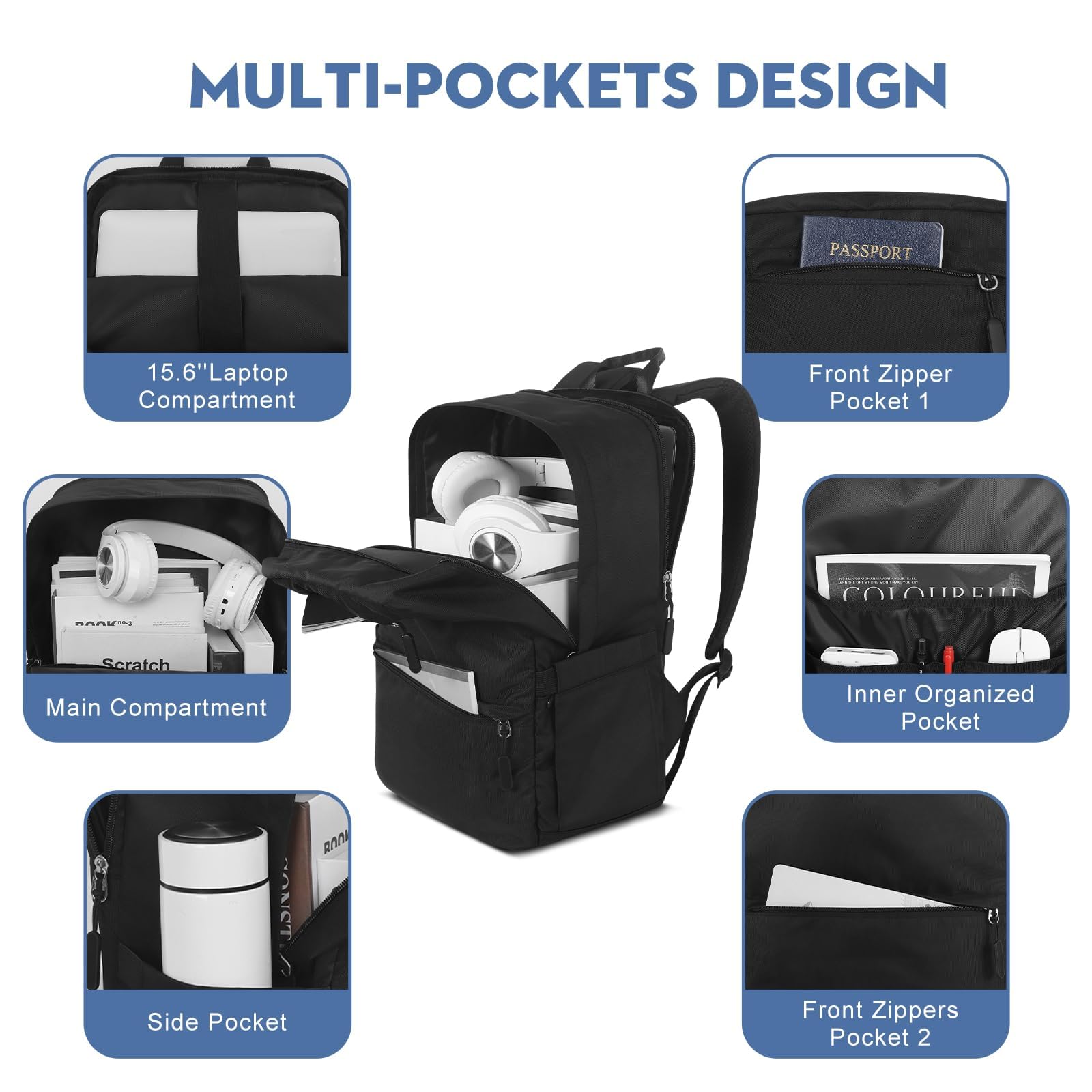 Waterproof 15.6 Inch Laptop Backpack for Men - College Student Bookbag, Travel Backpack for Work & School, Durable Black Backpack for Teens & Adults - Perfect for Commuting, Campus Life and Business Trips