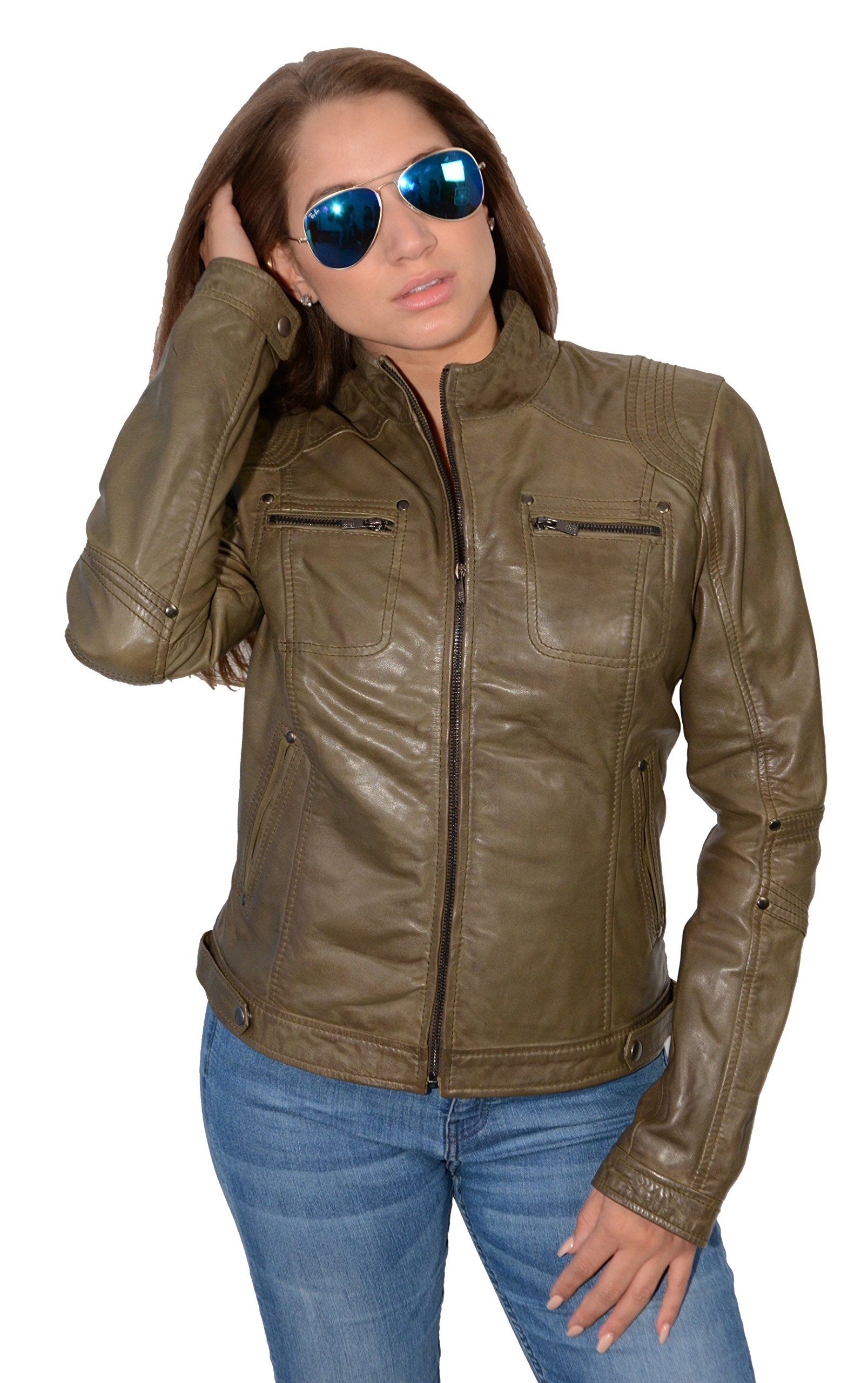 Milwaukee Women's Leather Mandarin Collar Racer Jacket with Rivet Details - SFL2800 | Stylish Motorcycle Jacket for Riding & Fashion Outfits