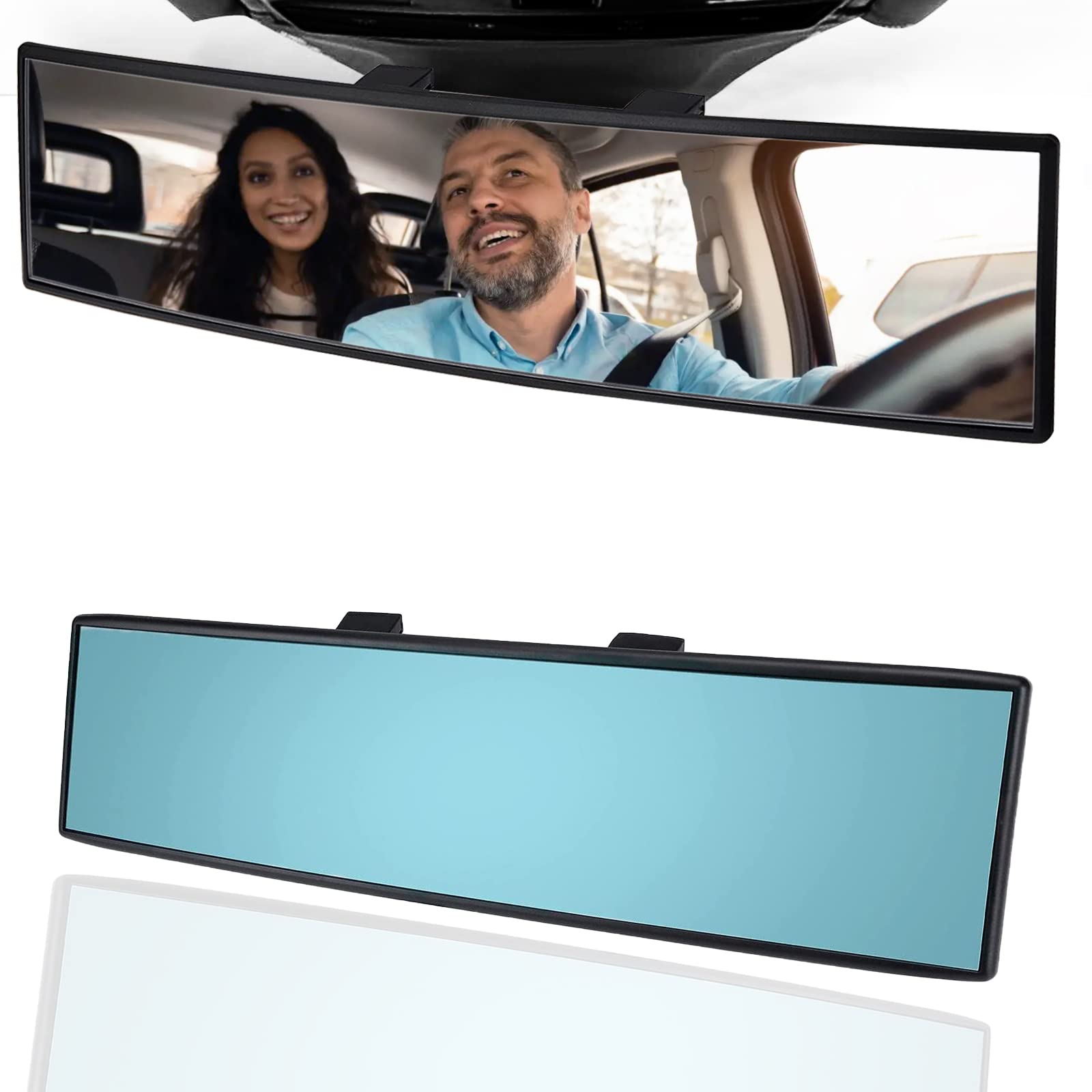 12 Inch HD Anti-Glare Panoramic Wide Angle Clip-On Car Rearview Mirror - Universal Fit for Cars, SUVs & Trucks (Blue) - Improves Visibility & Reduces Blind Spots for Safer Driving