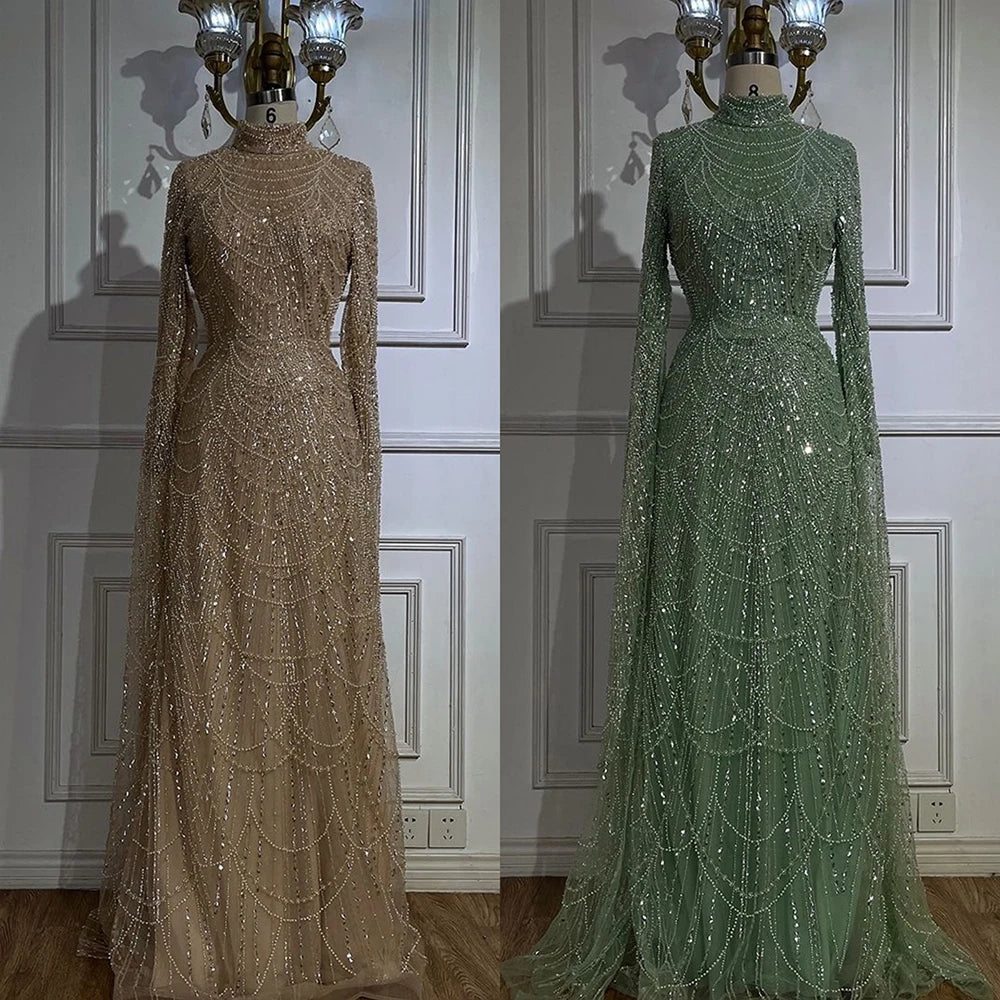 Luxury Dubai Muslim Sage Green Pearls Evening Dress with Cape - Plus Size LA72591 for Wedding, Party & Special Occasions