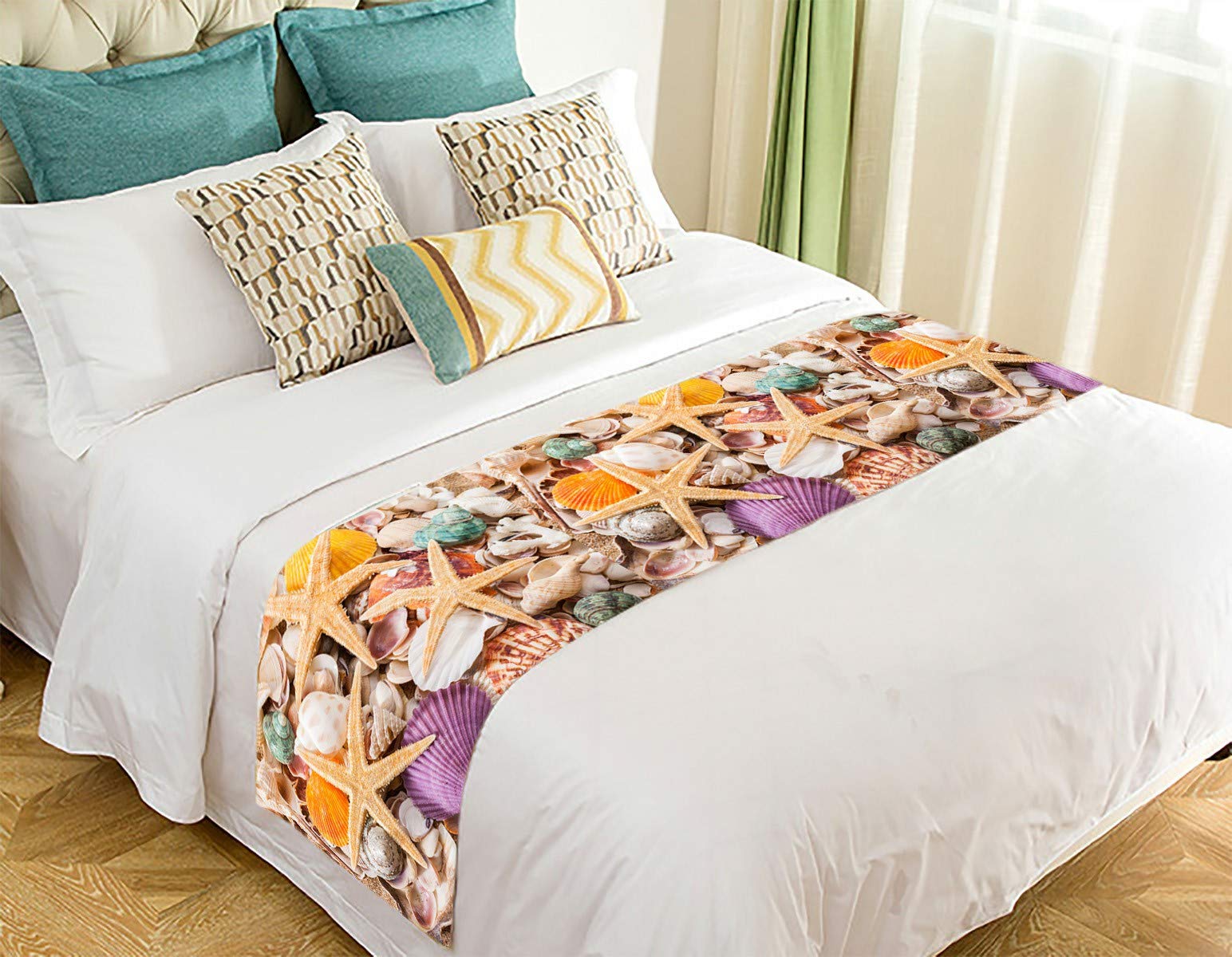 ECJZNT Shell Starfish Beach Bed Runner - 20x95 Inch Coastal Bed Scarf for Summer Decor, Boho Chic Bedding Accent | Perfect for Beach House, Guest Room & Coastal-Themed Weddings