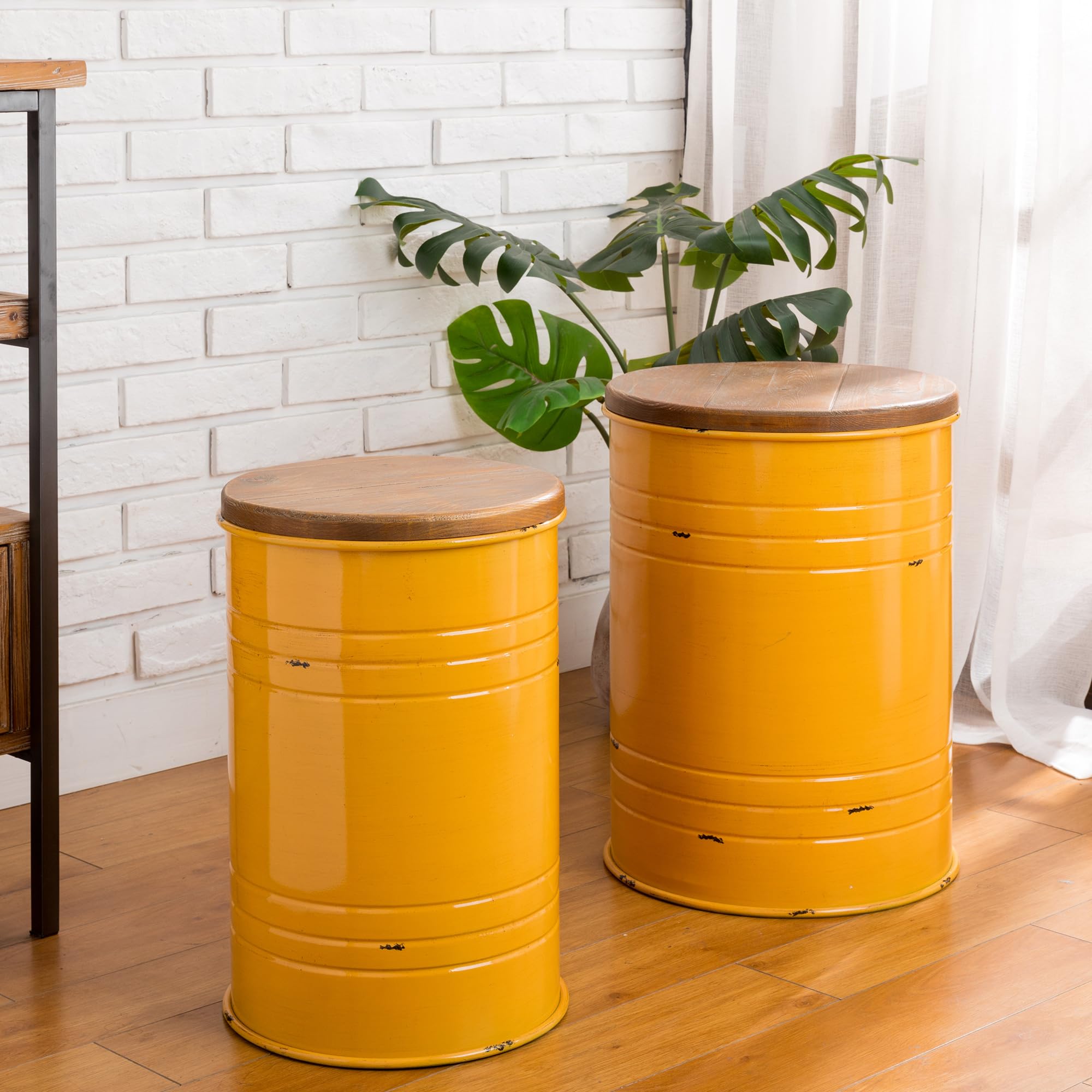 Glitzhome 2-Piece Farmhouse Nesting Tables with Storage Lids - Rustic Metal Barrel Side End Tables for Living Room, Bedroom, Office - Yellow Accent Stools | Perfect for Small Spaces, Coffee Table Alternatives & Home Decor