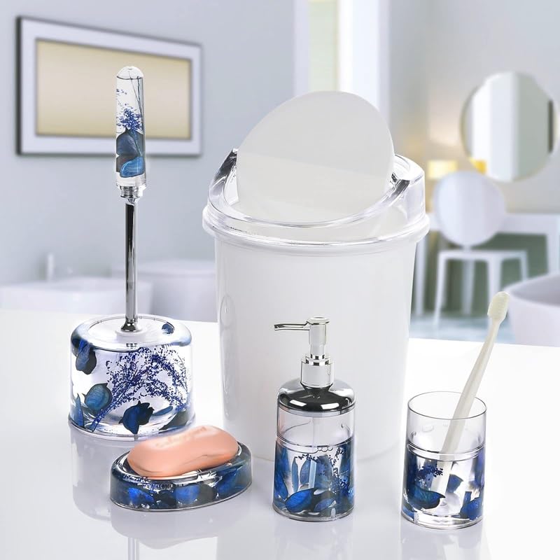 Premium 6-Piece Bathroom Toiletry Set - Toothbrush Holder, Soap Dispenser, Toilet Brush, Trash Can, Soap Dish & Hand Sanitizer Bottle - Modern Bathroom Organization Essentials for Home, Hotel & Apartment Use