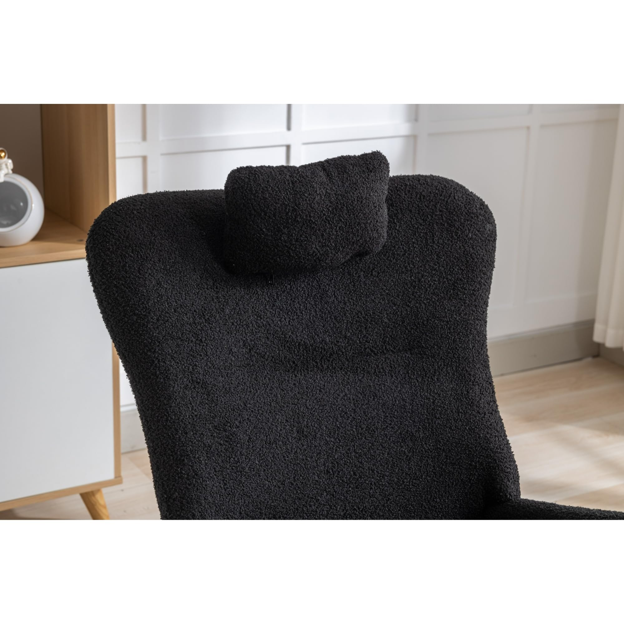 LUSPAZ Soft Teddy Velvet Rocking Chair - Nursery Glider Rocker with Solid Wood Base, Comfortable Wingback Design for Living Room, Bedroom & Balcony (Black) - Perfect for Nursing, Reading & Relaxing